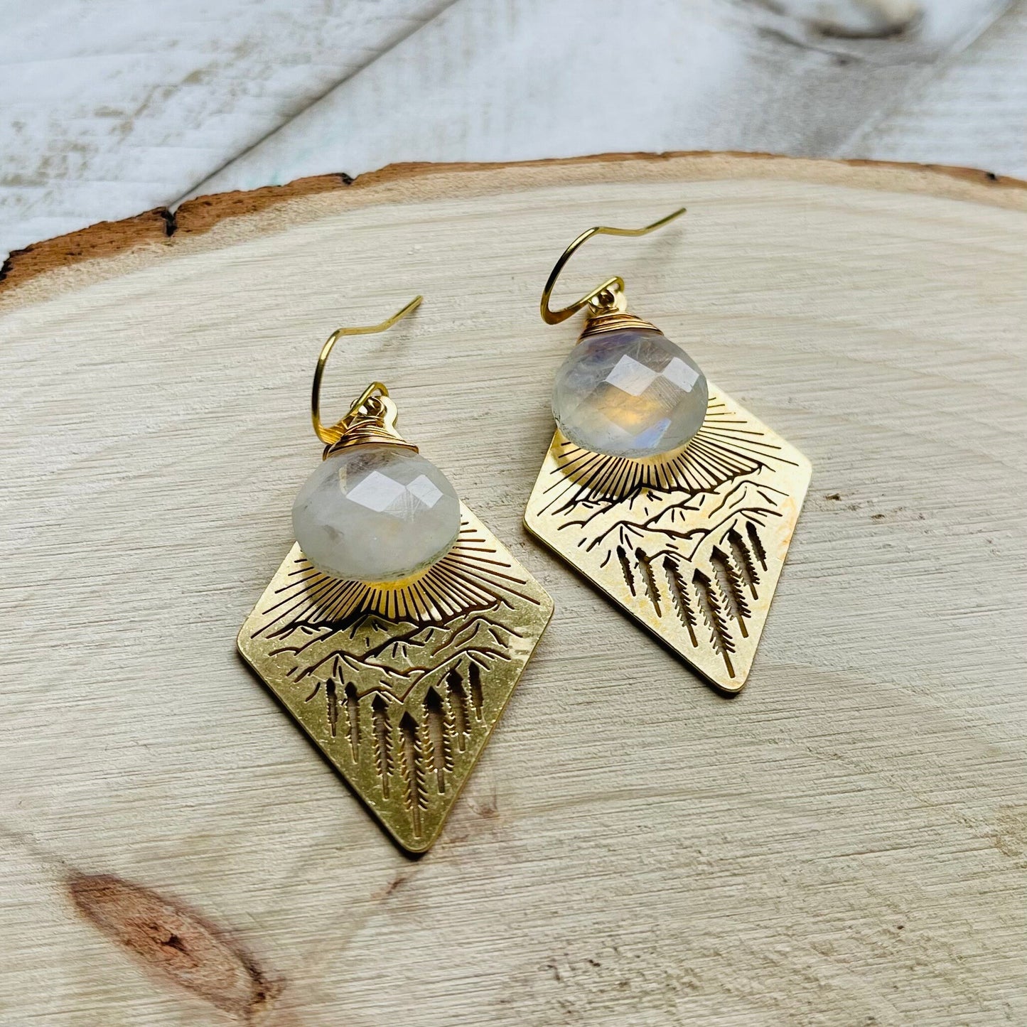 Moonstone Earrings Dangle, Mountain Earrings, Witchy Earrings, Nature Lover Gift, Wanderlust Jewelry, Best Friend Birthday Gifts for Her