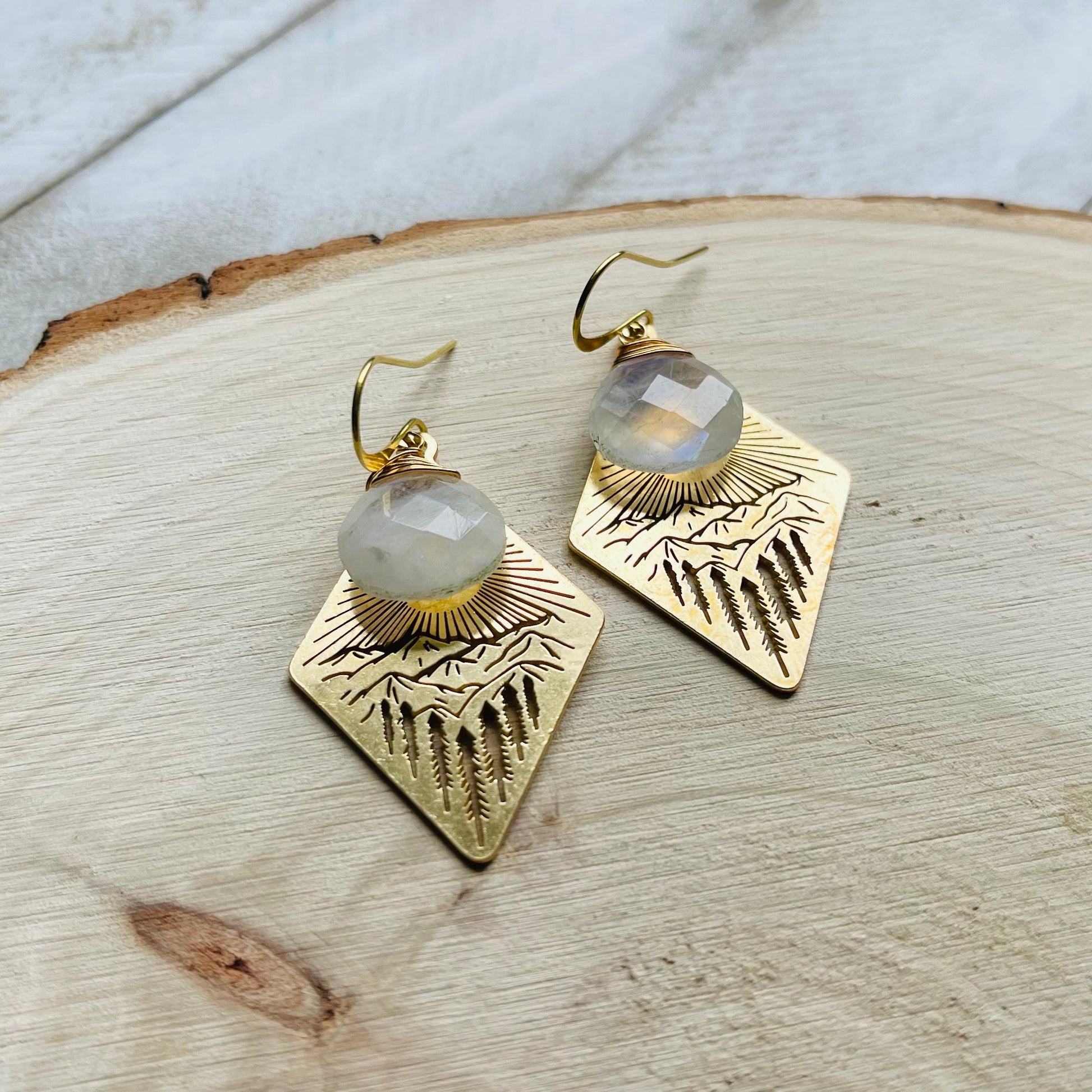 Moonstone Earrings Dangle, Mountain Earrings, Witchy Earrings, Nature Lover Gift, Wanderlust Jewelry, Best Friend Birthday Gifts for Her