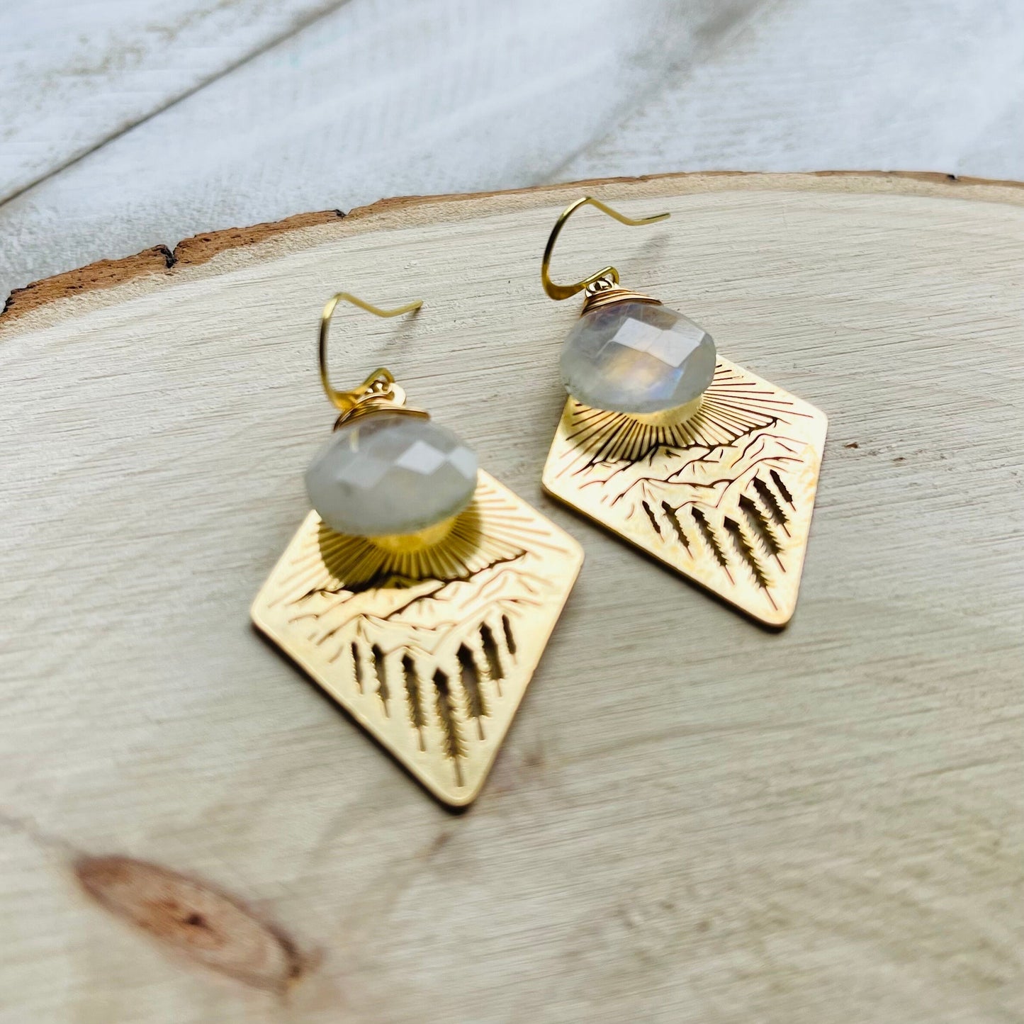 Moonstone Earrings Dangle, Mountain Earrings, Witchy Earrings, Nature Lover Gift, Wanderlust Jewelry, Best Friend Birthday Gifts for Her