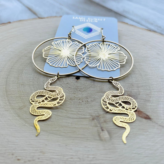 Snake Earrings Dangle, Serpent Jewelry, Flower Earrings for Wedding Day, Trendy Jewelry for Teens, Witchy Earrings, Festival Jewelry, Boho