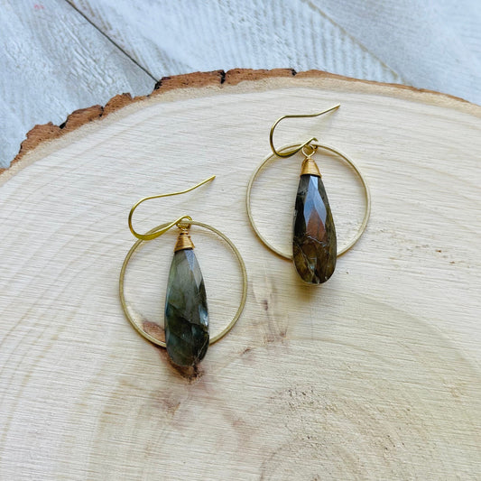 Labradorite Hoop Earrings, Boho Earrings for Wedding, Witchy Jewelry for Women, Birthday Gift for Daughter, Western Earrings Gold