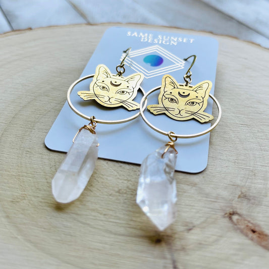 Cat Earrings, Quartz Hoop Earrings, Witchy Earrings, Witchy Gifts for Women, Best Gifts for Aunt, Unique Birthday Gift for Sister in Law