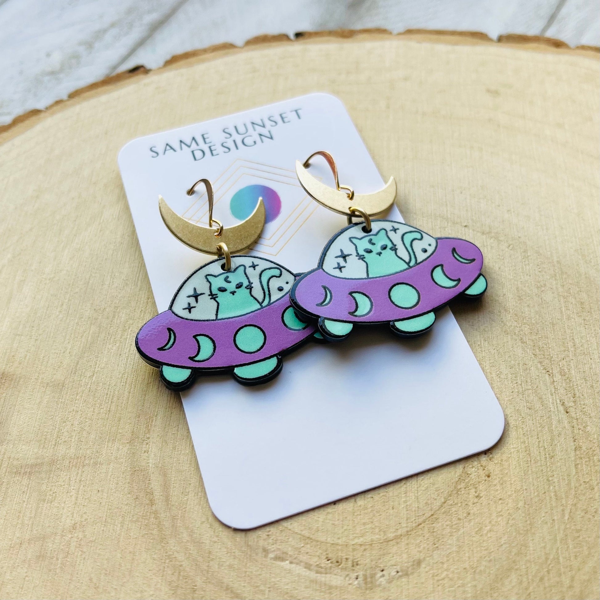 UFO Earrings, Alien Earrings, Cat Earrings, Crescent Moon Earrings, Witchy Earrings, Pastel Goth, Unique Birthday Gift for Daughter
