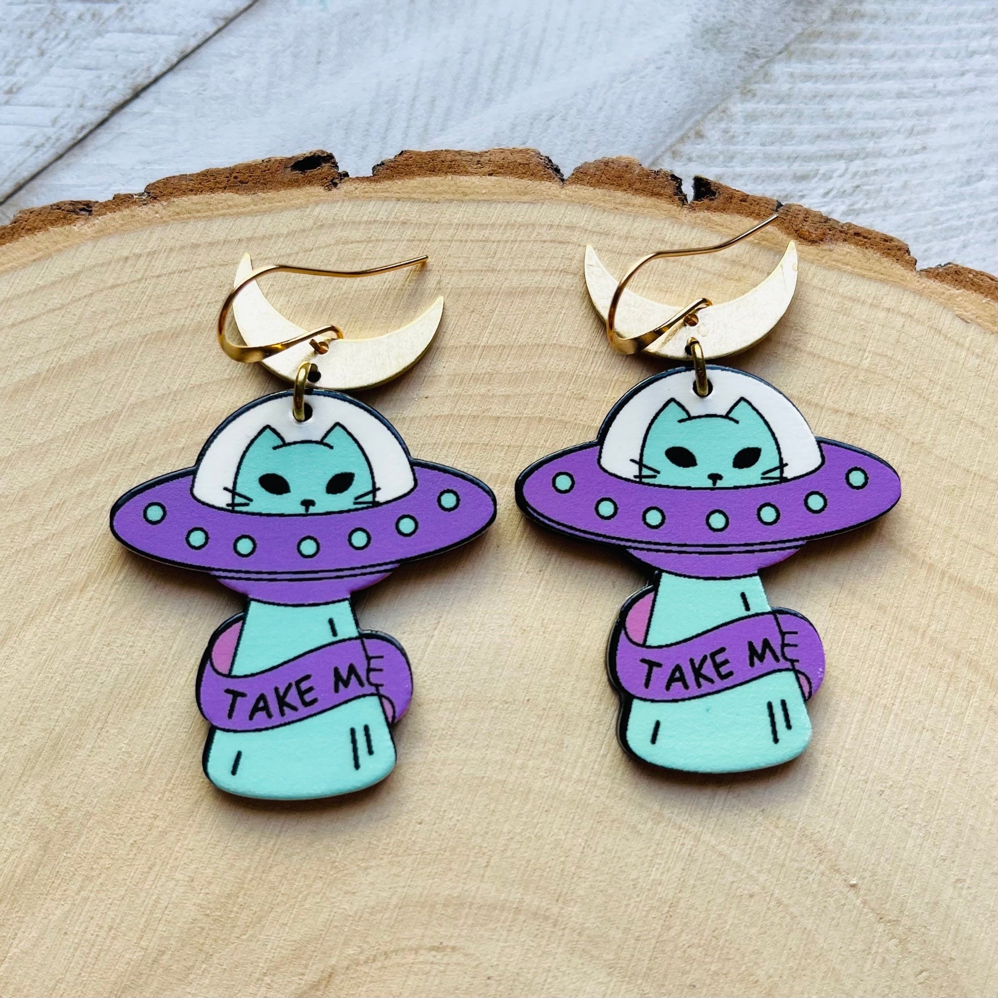 UFO Earrings, Alien Earrings, Cat Earrings, Crescent Moon Earrings, Witchy Earrings, Pastel Goth, Unique Gifts for Teenage Girls, Fun Gifts