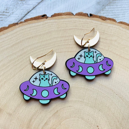 UFO Earrings, Alien Earrings, Cat Earrings, Crescent Moon Earrings, Witchy Earrings, Pastel Goth, Unique Birthday Gift for Daughter