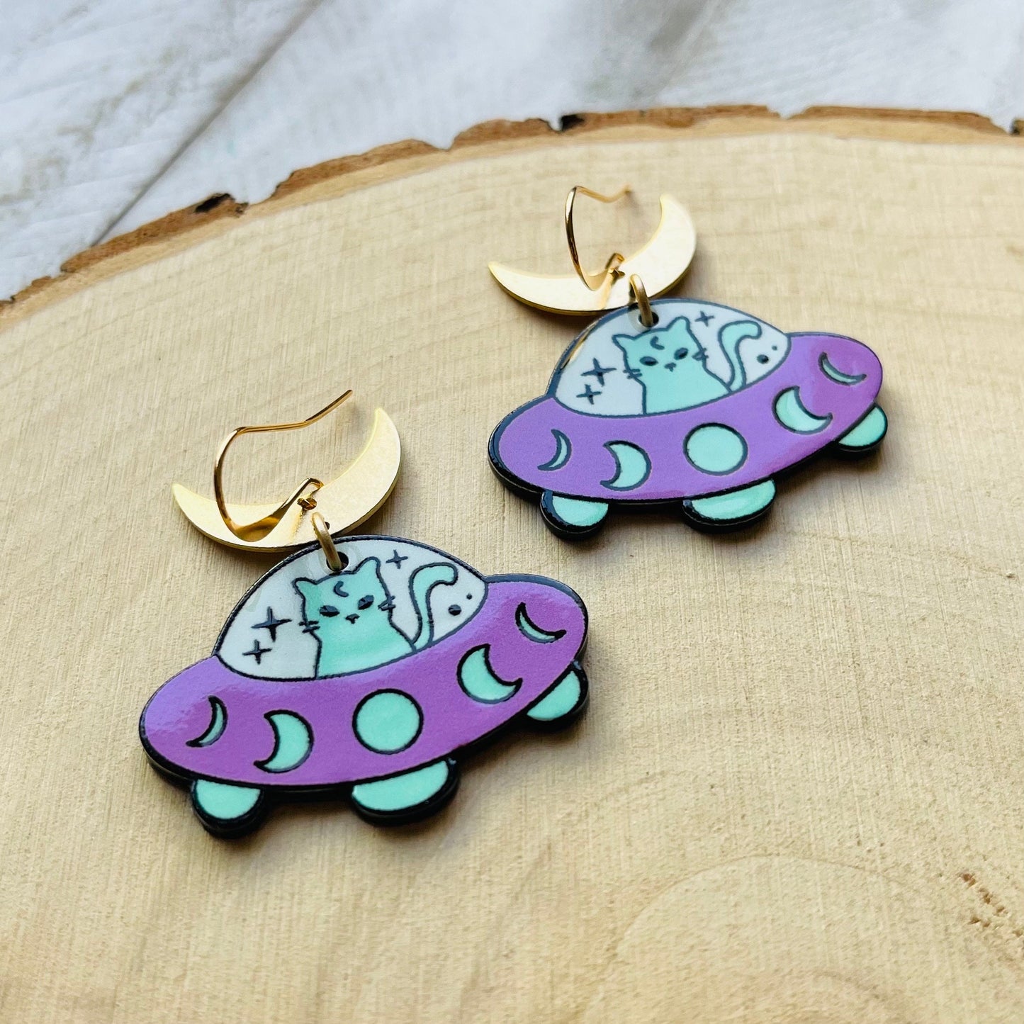 UFO Earrings, Alien Earrings, Cat Earrings, Crescent Moon Earrings, Witchy Earrings, Pastel Goth, Unique Birthday Gift for Daughter