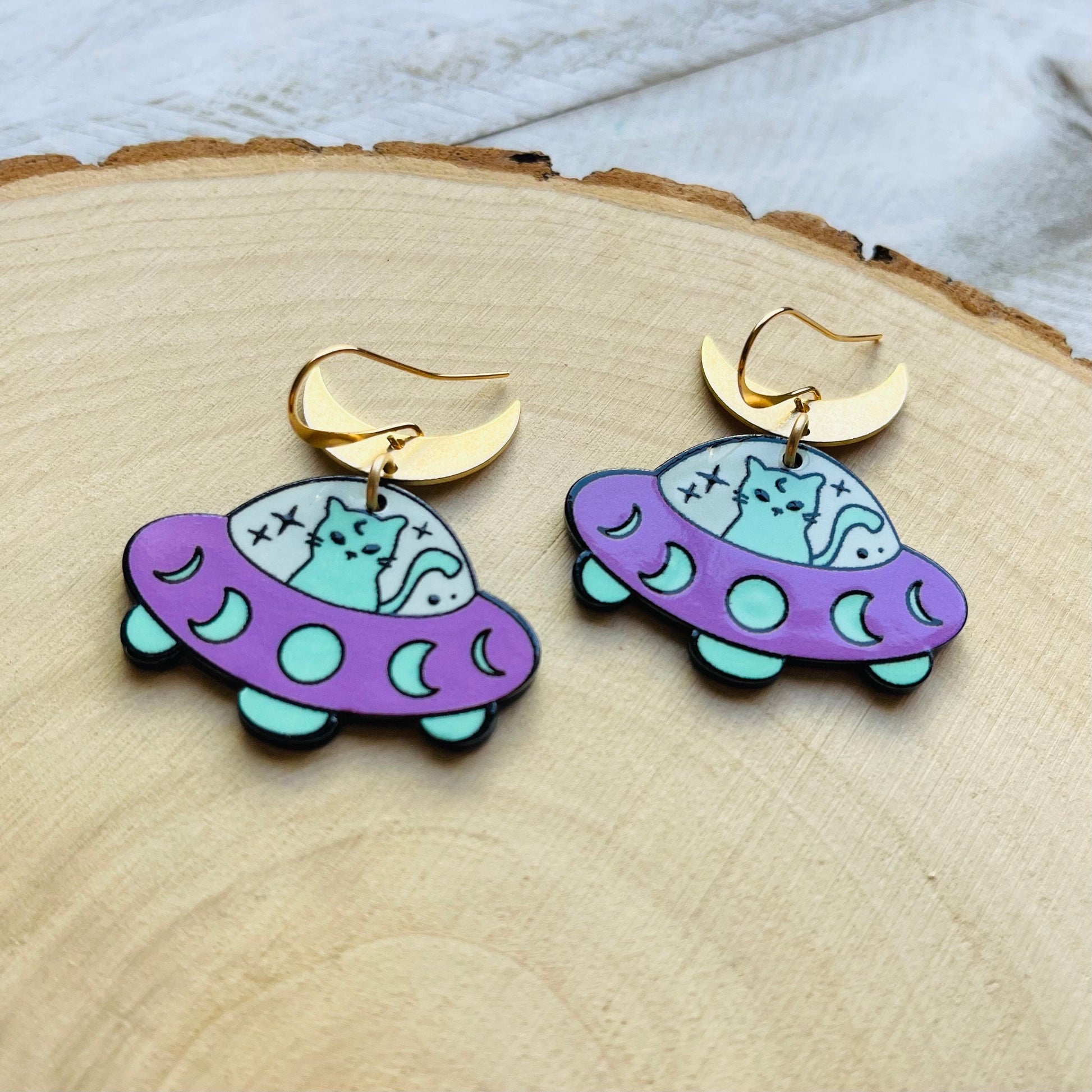 UFO Earrings, Alien Earrings, Cat Earrings, Crescent Moon Earrings, Witchy Earrings, Pastel Goth, Unique Birthday Gift for Daughter