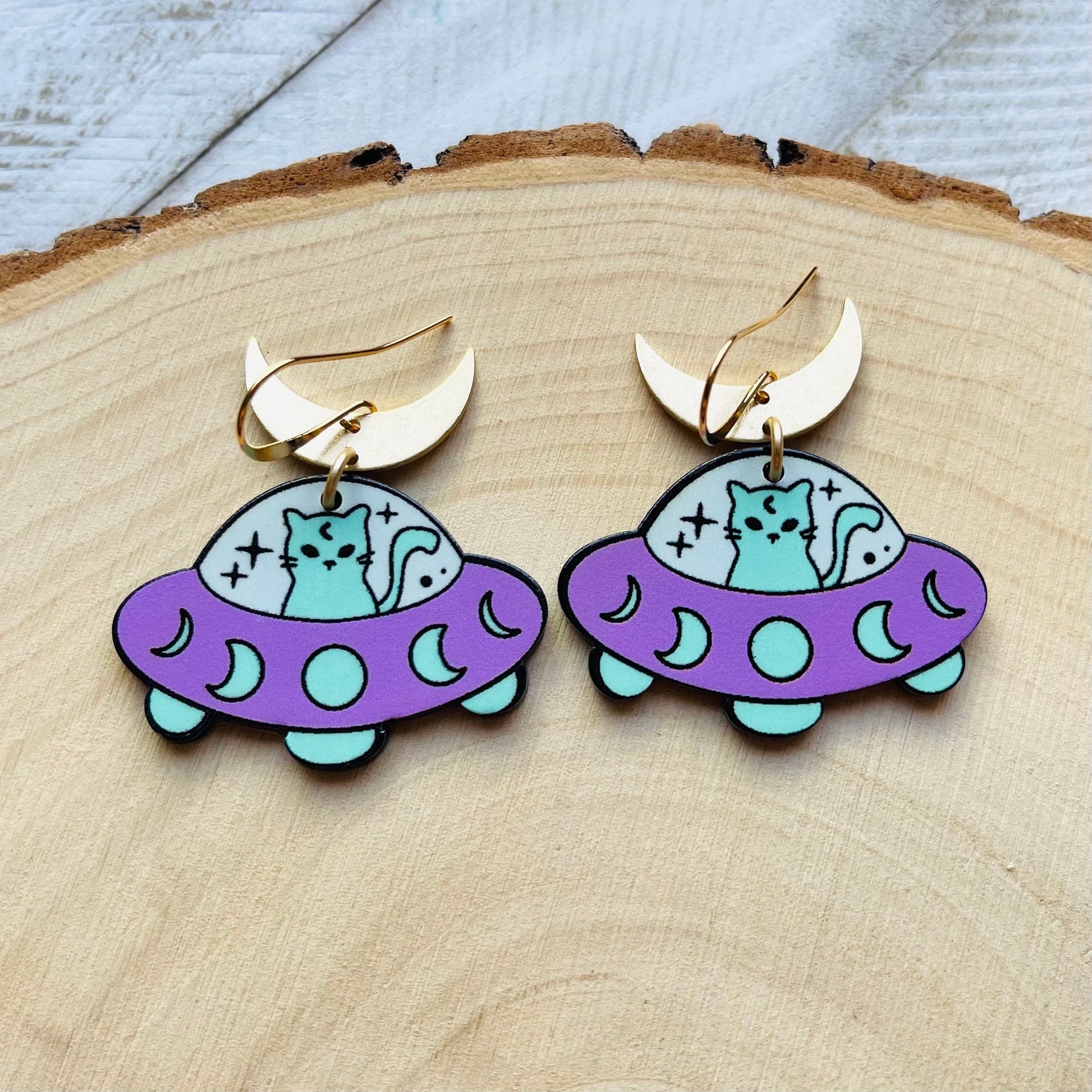 UFO Earrings, Alien Earrings, Cat Earrings, Crescent Moon Earrings, Witchy Earrings, Pastel Goth, Unique Birthday Gift for Daughter