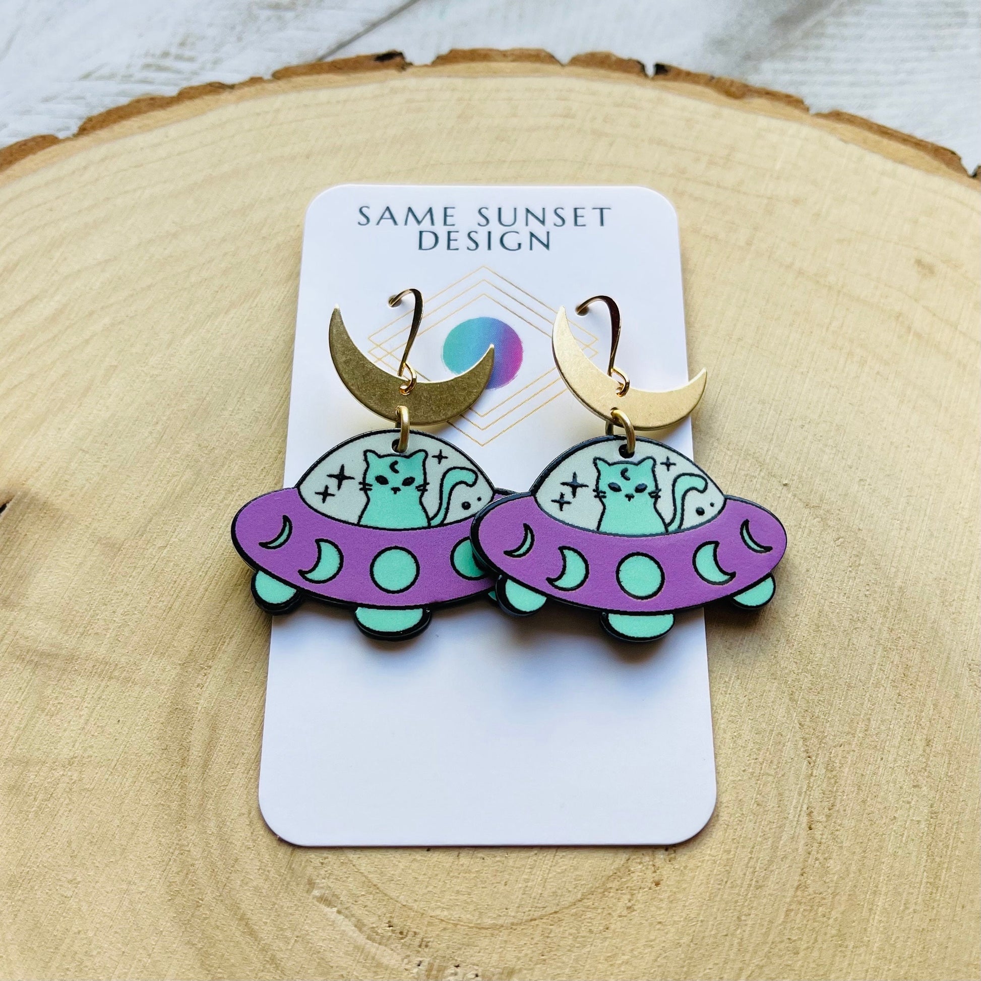 UFO Earrings, Alien Earrings, Cat Earrings, Crescent Moon Earrings, Witchy Earrings, Pastel Goth, Unique Birthday Gift for Daughter