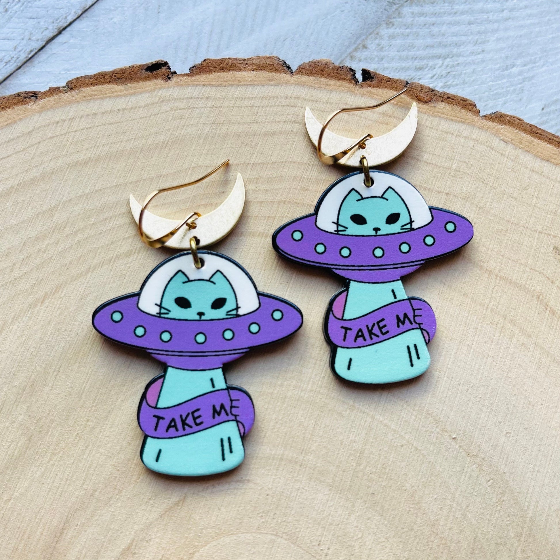UFO Earrings, Alien Earrings, Cat Earrings, Crescent Moon Earrings, Witchy Earrings, Pastel Goth, Unique Gifts for Teenage Girls, Fun Gifts
