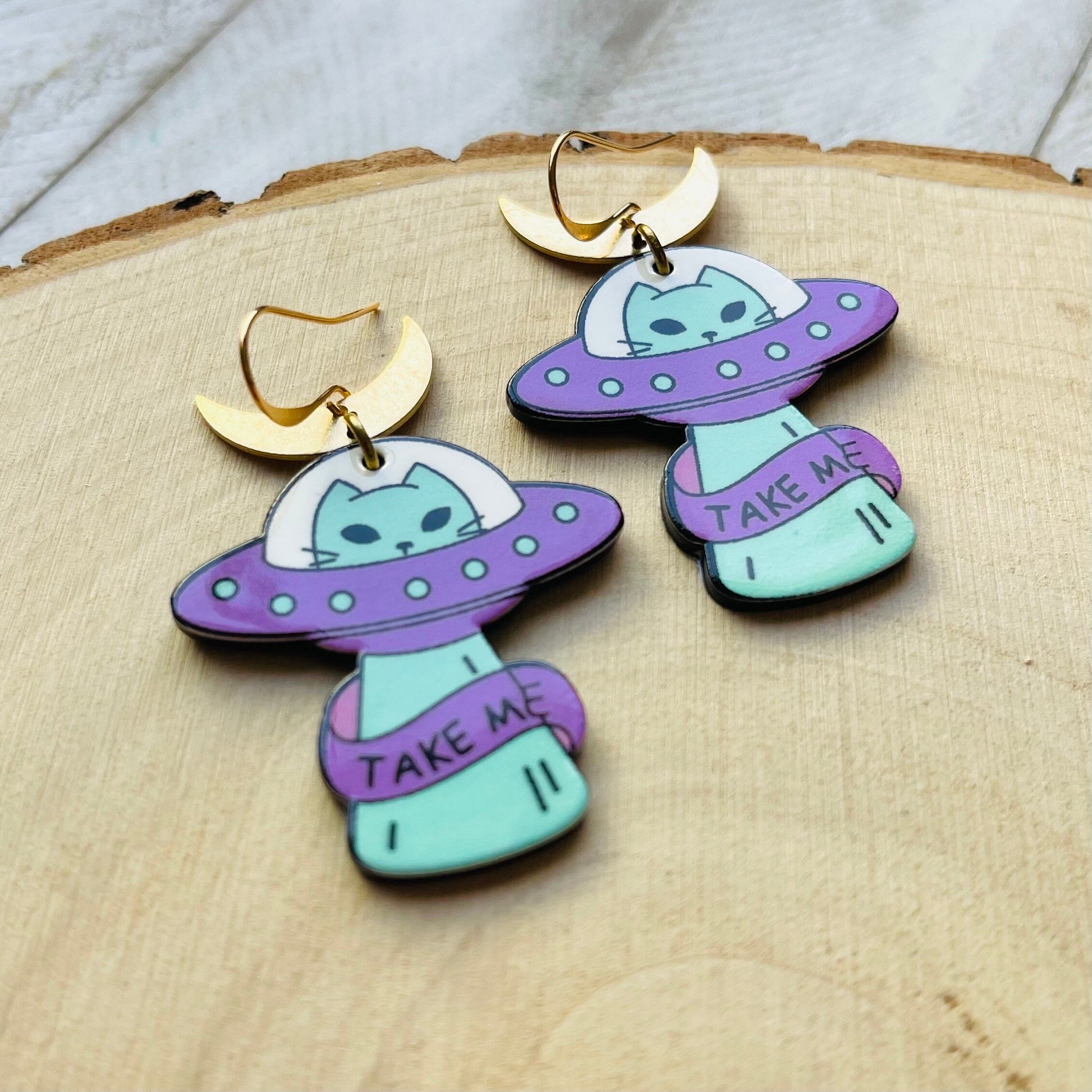 UFO Earrings, Alien Earrings, Cat Earrings, Crescent Moon Earrings, Witchy Earrings, Pastel Goth, Unique Gifts for Teenage Girls, Fun Gifts