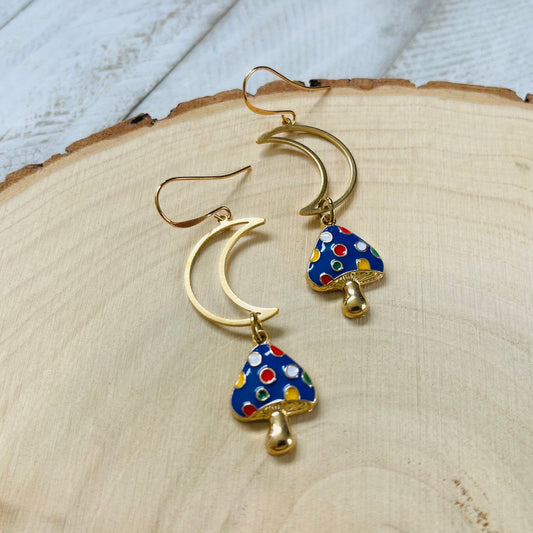 Mushroom Earrings, Cottagecore Earrings Dangle, Celestial Jewelry Gold, Cute Gifts for Friend, Whimsigoth Jewelry, Unique Birthday Gift