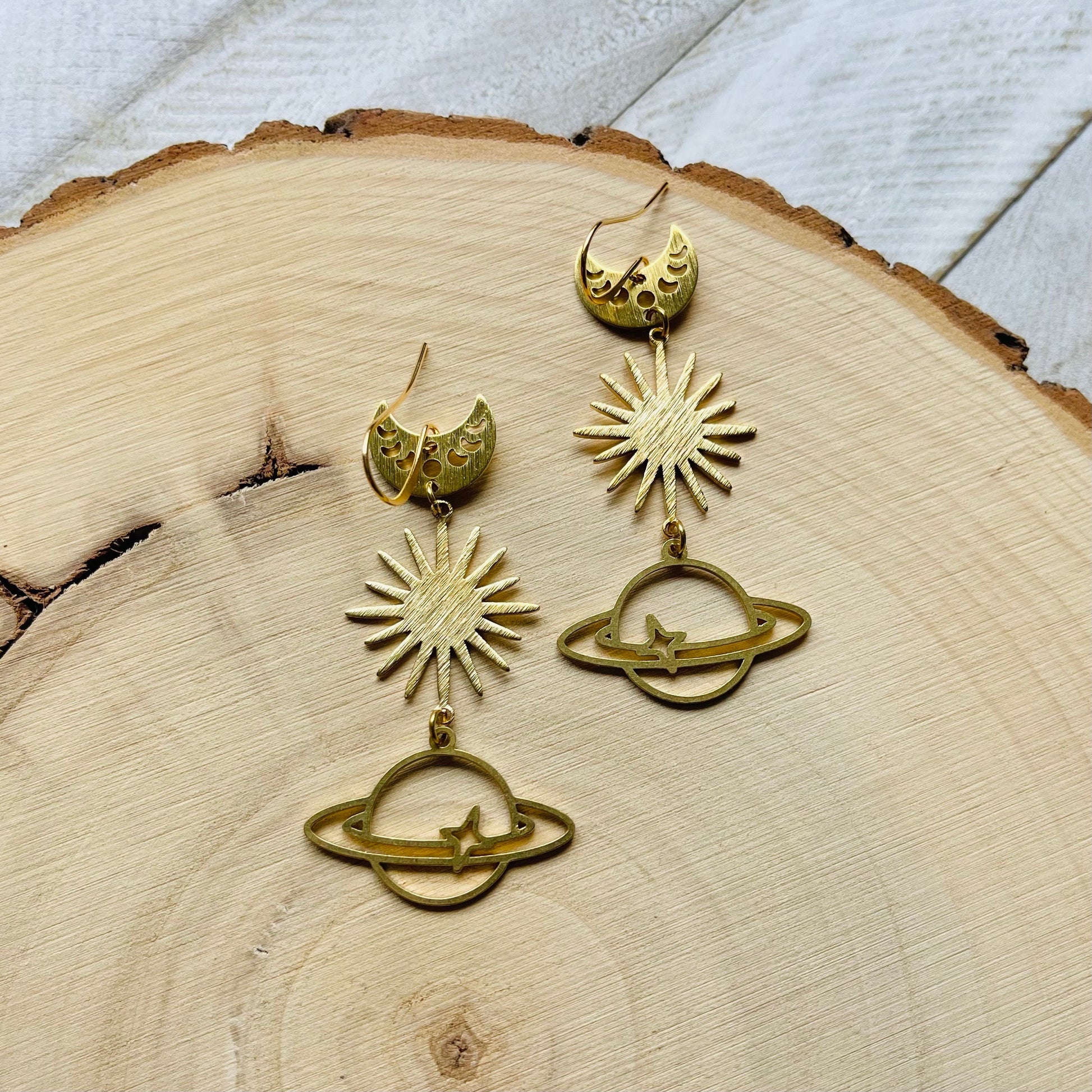 Saturn Earrings, Crescent Moon Earrings Gold, Witchy Earrings, Science Teacher Gifts, Nerdy Jewelry, Stocking Stuffers for Mom, Best Gift