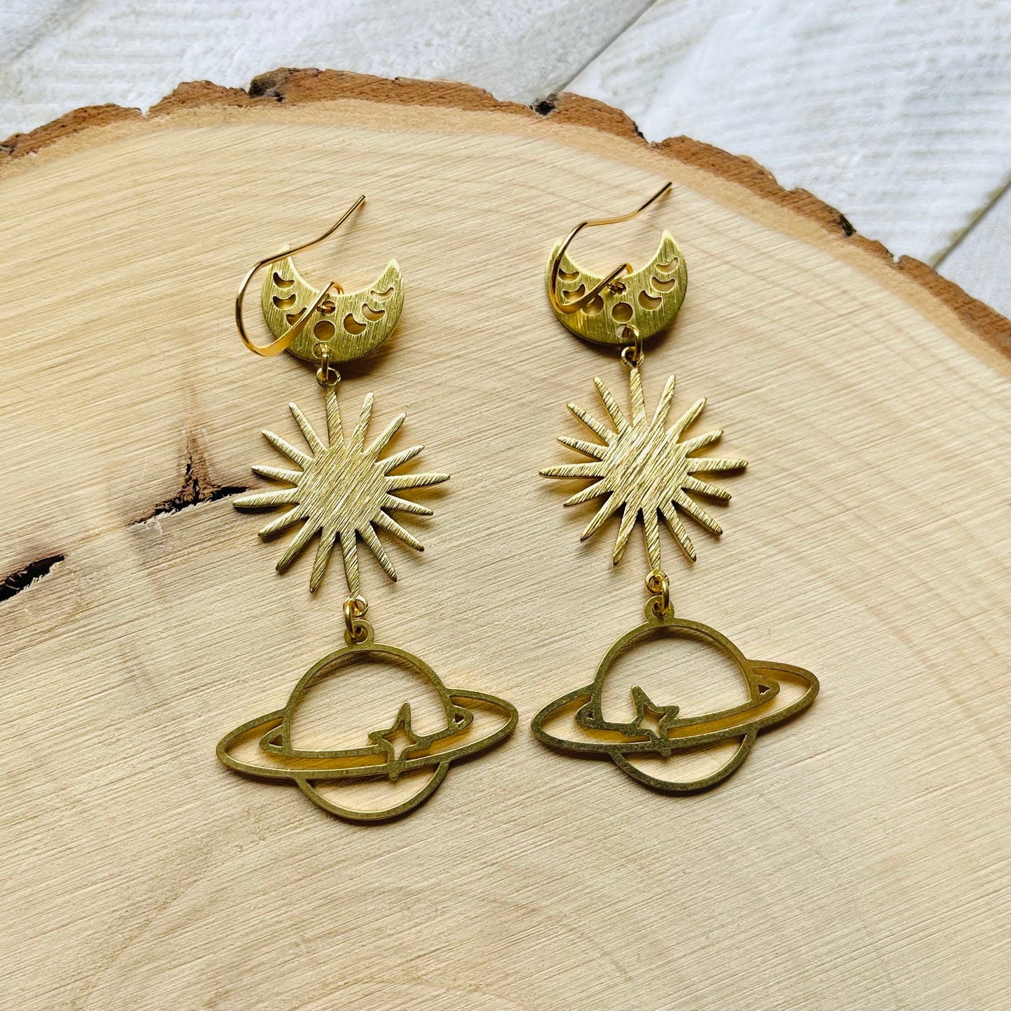 Saturn Earrings, Crescent Moon Earrings Gold, Witchy Earrings, Science Teacher Gifts, Nerdy Jewelry, Stocking Stuffers for Mom, Best Gift