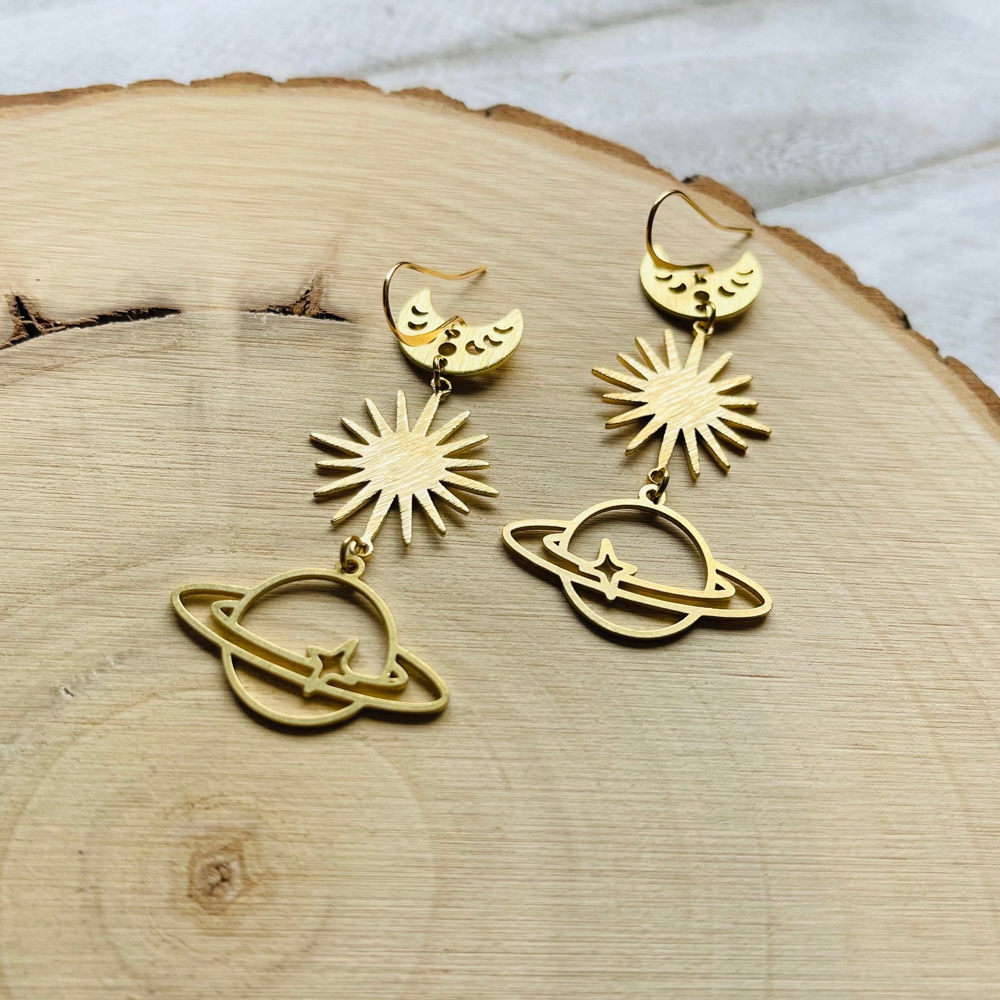 Saturn Earrings, Crescent Moon Earrings Gold, Witchy Earrings, Science Teacher Gifts, Nerdy Jewelry, Stocking Stuffers for Mom, Best Gift