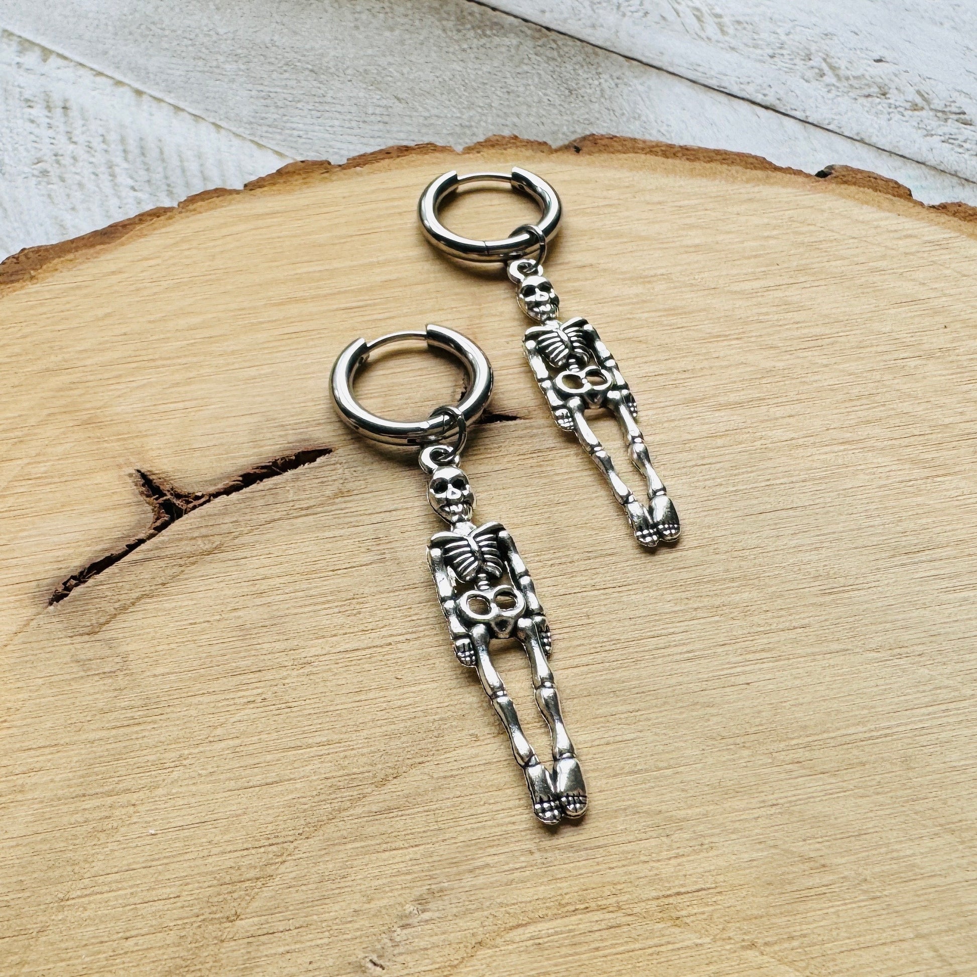 Skeleton Earrings, Huggie Hoop Earrings, Hoop Earrings Silver, Goth Earrings, Punk Earrings, Witchy Earrings, Unique Birthday Gift Girl