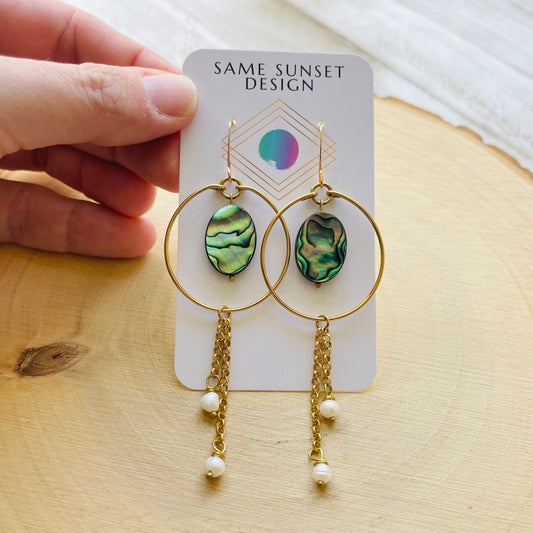 Abalone Earrings, Pearl Earrings, Boho Earrings, Witchy Earrings, Wanderlust Jewelry, Unique Gifts for Sister, Western Earrings Dangle
