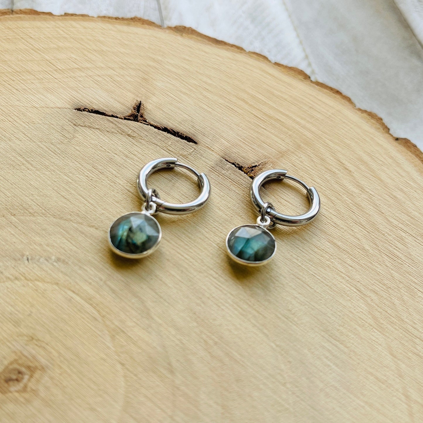 Labradorite Earrings, Huggie Hoop Earrings, Goth Earrings, Punk Earrings, Witchy Earrings, Best Friend Birthday Gift, Trendy Jewelry 2024