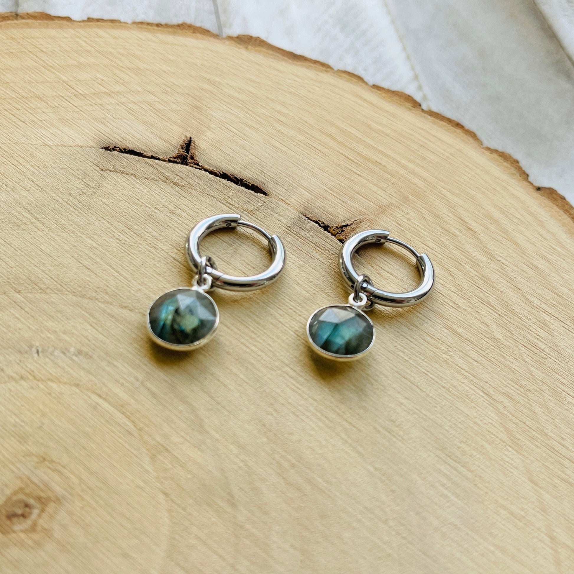 Labradorite Earrings, Huggie Hoop Earrings, Goth Earrings, Punk Earrings, Witchy Earrings, Best Friend Birthday Gift, Trendy Jewelry 2024