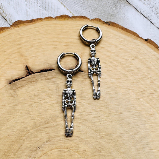 Skeleton Earrings, Huggie Hoop Earrings, Hoop Earrings Silver, Goth Earrings, Punk Earrings, Witchy Earrings, Unique Birthday Gift Girl