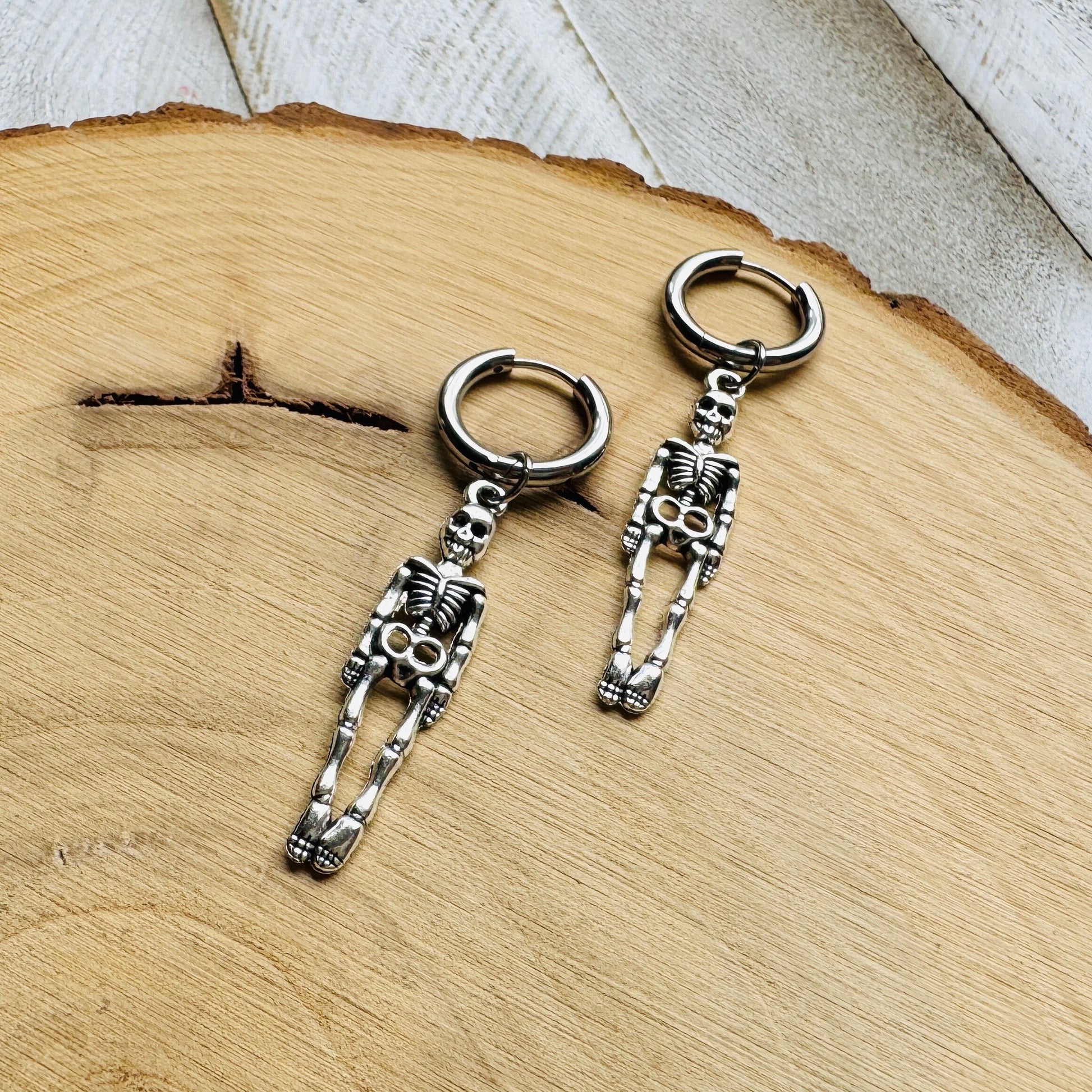 Skeleton Earrings, Huggie Hoop Earrings, Hoop Earrings Silver, Goth Earrings, Punk Earrings, Witchy Earrings, Unique Birthday Gift Girl