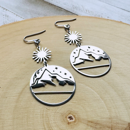 Mountain Earrings, Stainless Steel, Wedding Jewelry for Brides, Teen Girl Jewelry, Witchy Earrings, Goth Birthday Gift, Nature Lover Gift