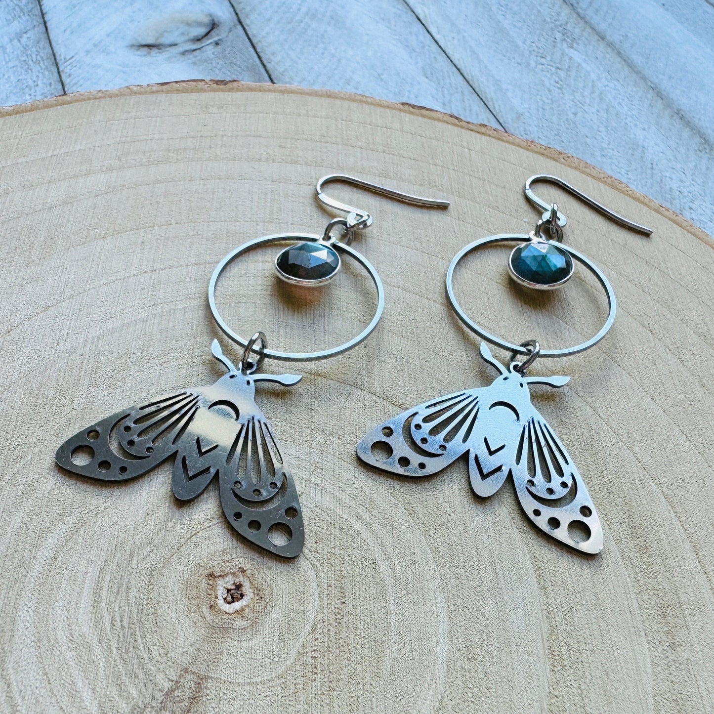 Moth Earrings, Celestial Earrings Silver, Labradorite Earrings, Wedding Jewelry for Brides, Mothers Day Gift from Daughter, Corporate Goth