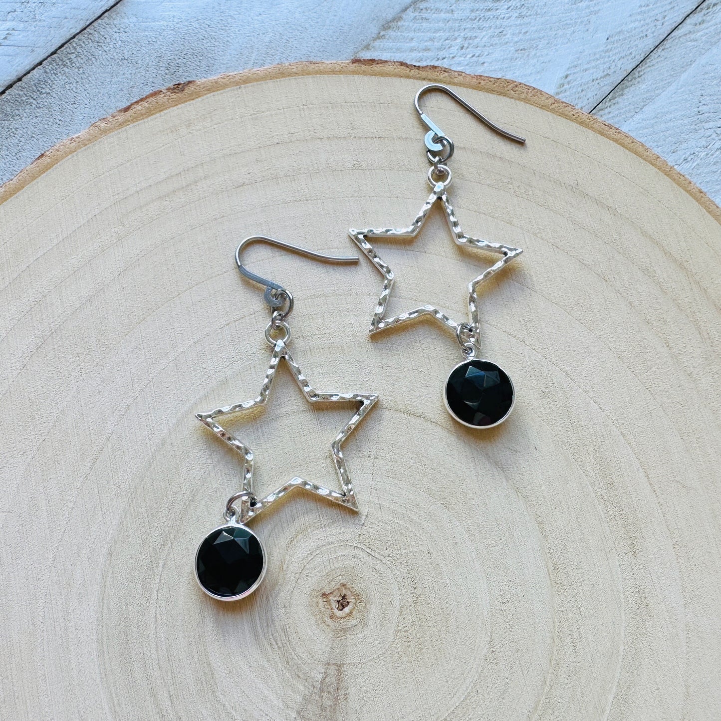 Star Earrings Silver, Onyx, Goth Earrings, Punk Earrings, Best Friend Birthday, Trendy Jewelry 2024, Mothers Day Gift from Daughter