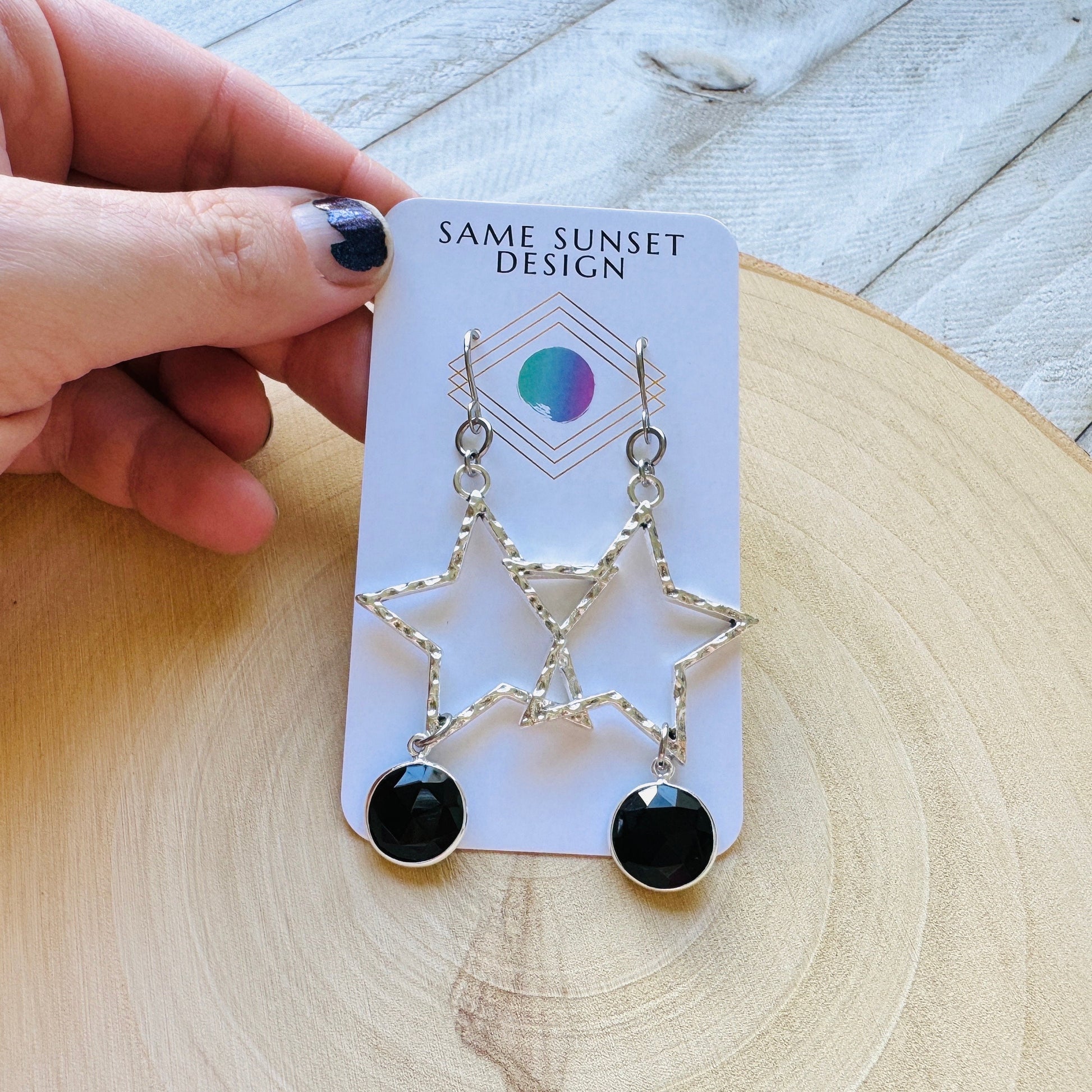 Star Earrings Silver, Onyx, Goth Earrings, Punk Earrings, Best Friend Birthday, Trendy Jewelry 2024, Mothers Day Gift from Daughter
