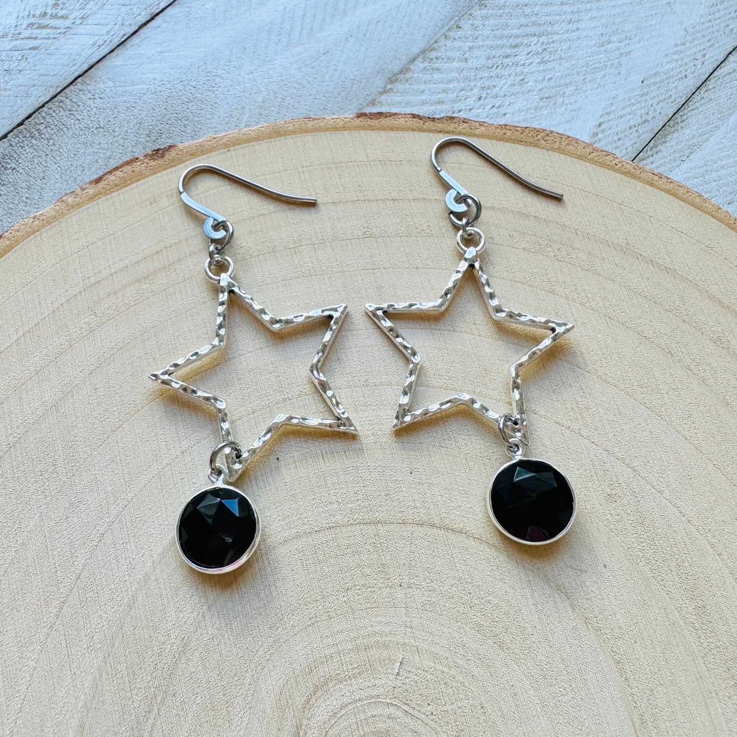 Star Earrings Silver, Onyx, Goth Earrings, Punk Earrings, Best Friend Birthday, Trendy Jewelry 2024, Mothers Day Gift from Daughter