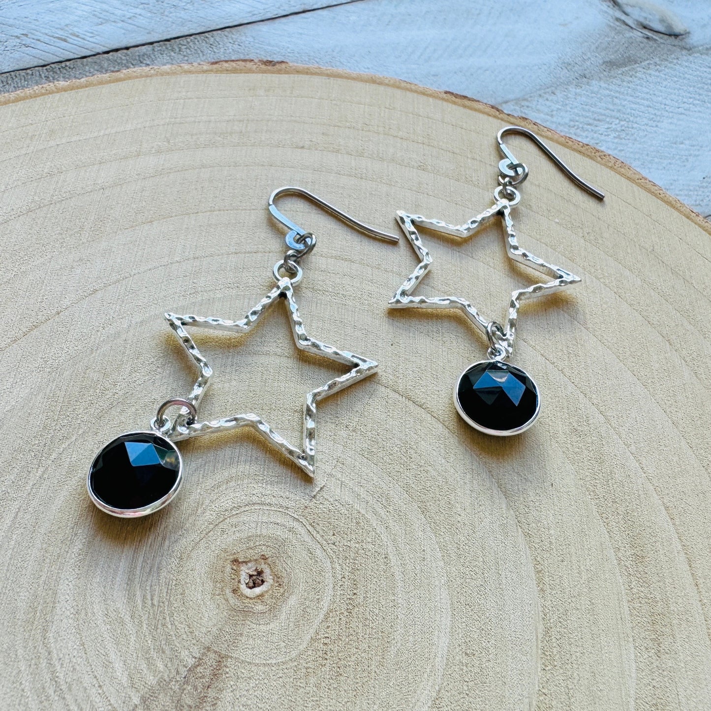 Star Earrings Silver, Onyx, Goth Earrings, Punk Earrings, Best Friend Birthday, Trendy Jewelry 2024, Mothers Day Gift from Daughter