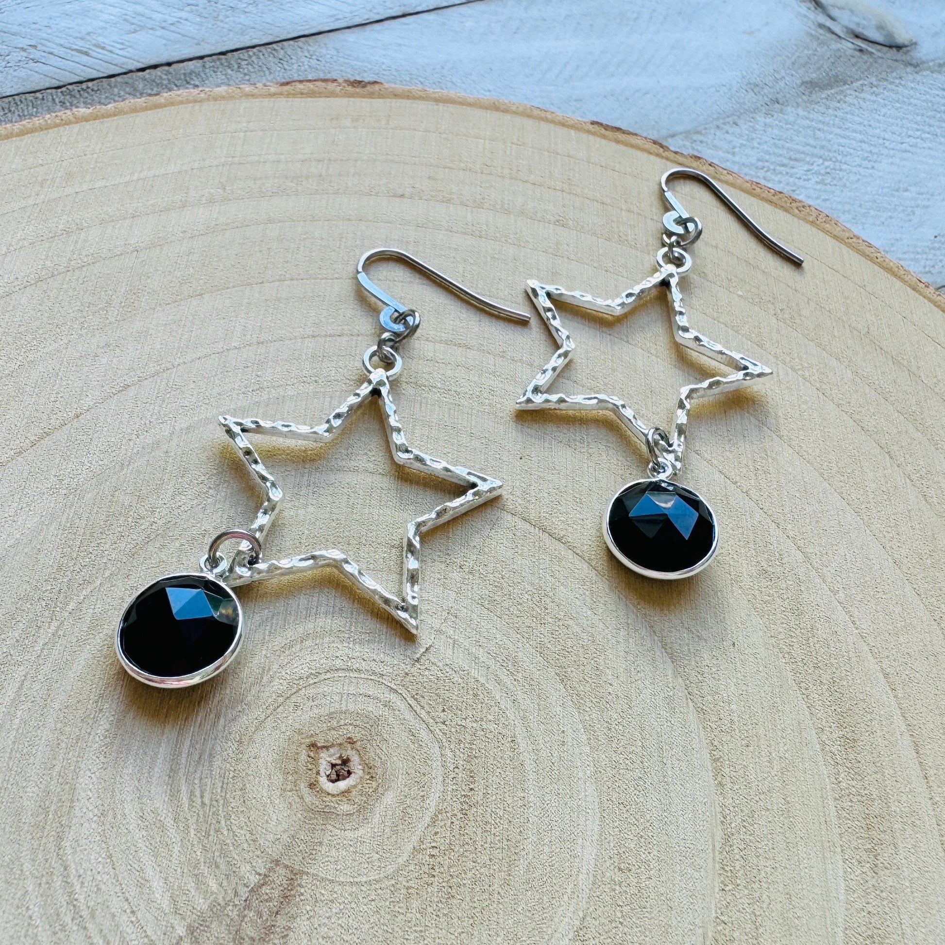 Star Earrings Silver, Onyx, Goth Earrings, Punk Earrings, Best Friend Birthday, Trendy Jewelry 2024, Mothers Day Gift from Daughter