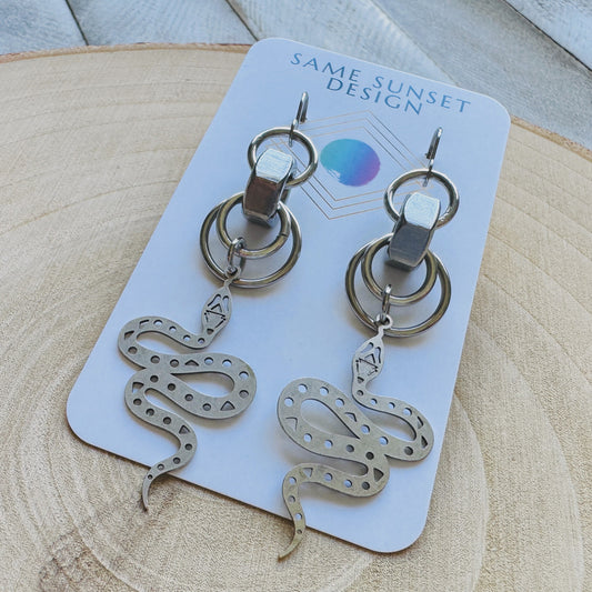 Snake Earrings, Goth Earrings, Silver Earrings, Punk Earrings, Witchy Earrings, Industrial Earrings, Best Friend Birthday Gift, Snake Gift