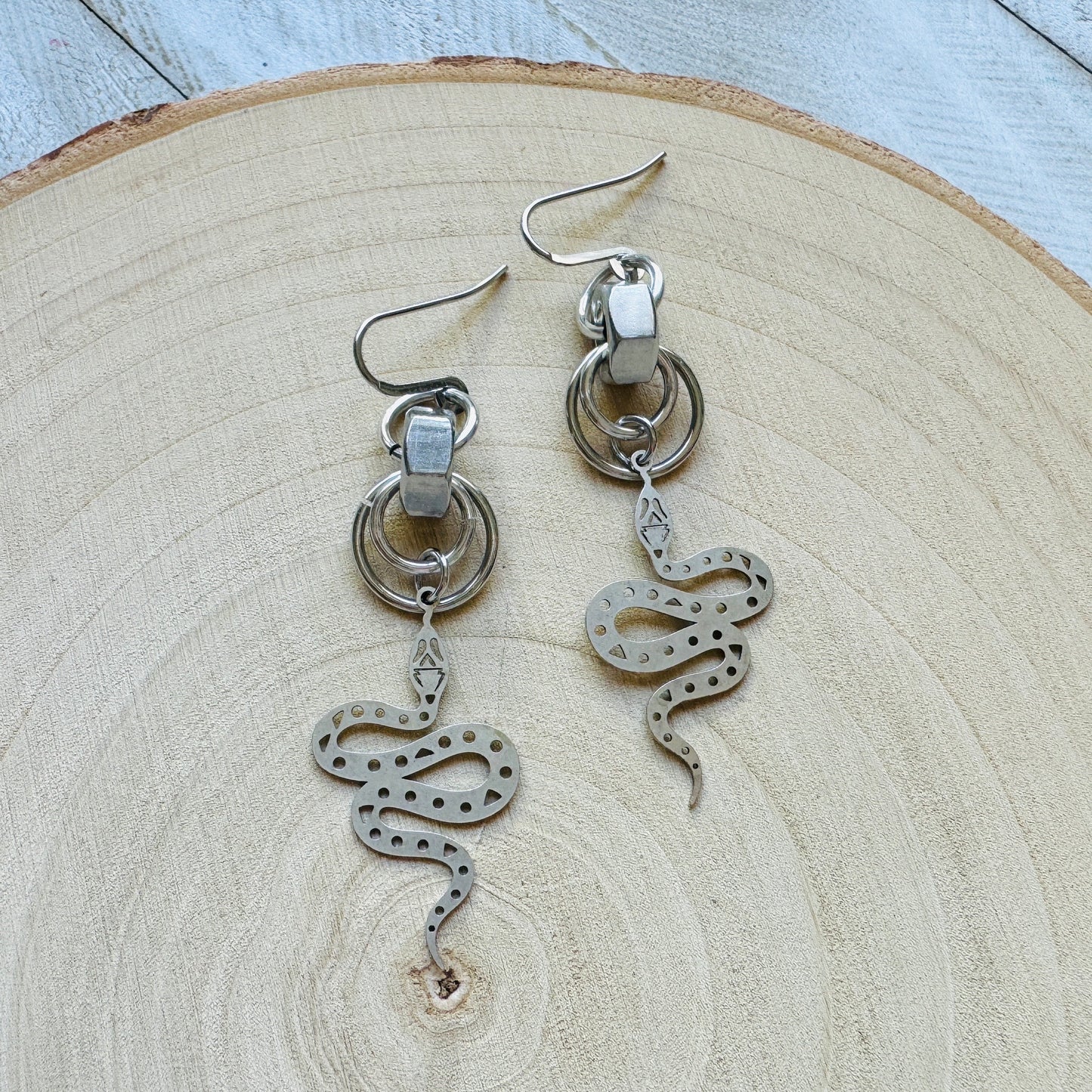 Snake Earrings, Goth Earrings, Silver Earrings, Punk Earrings, Witchy Earrings, Industrial Earrings, Best Friend Birthday Gift, Snake Gift