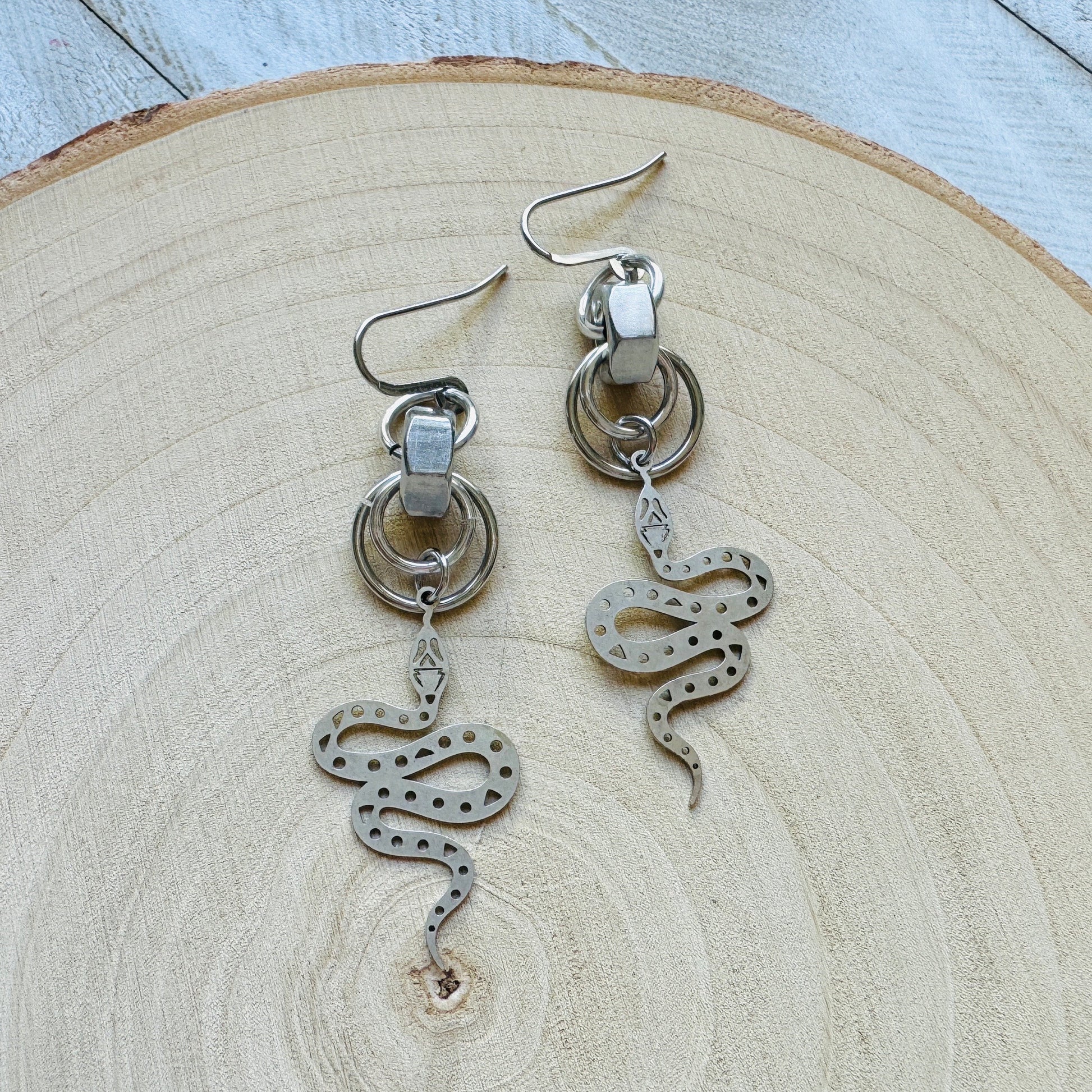 Snake Earrings, Goth Earrings, Silver Earrings, Punk Earrings, Witchy Earrings, Industrial Earrings, Best Friend Birthday Gift, Snake Gift