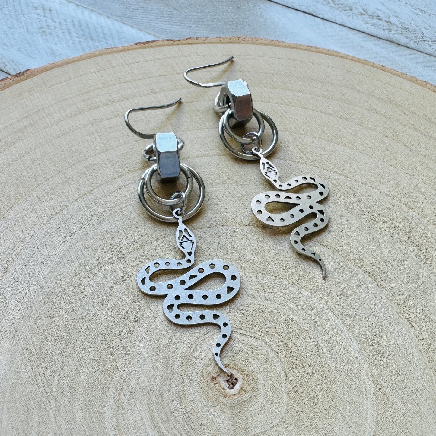 Snake Earrings, Goth Earrings, Silver Earrings, Punk Earrings, Witchy Earrings, Industrial Earrings, Best Friend Birthday Gift, Snake Gift