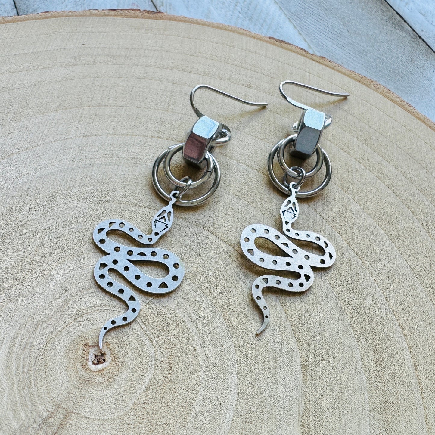 Snake Earrings, Goth Earrings, Silver Earrings, Punk Earrings, Witchy Earrings, Industrial Earrings, Best Friend Birthday Gift, Snake Gift