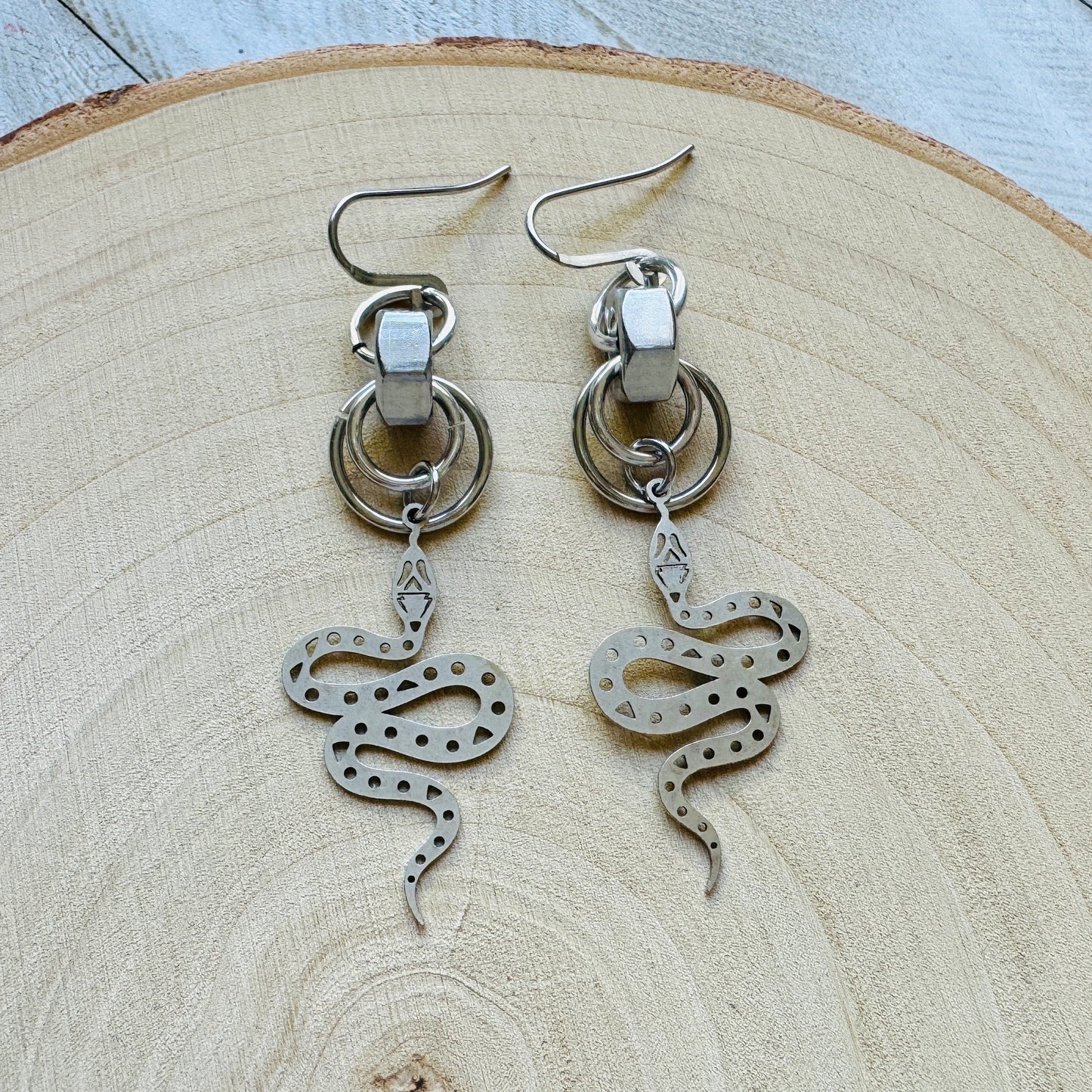 Snake Earrings, Goth Earrings, Silver Earrings, Punk Earrings, Witchy Earrings, Industrial Earrings, Best Friend Birthday Gift, Snake Gift