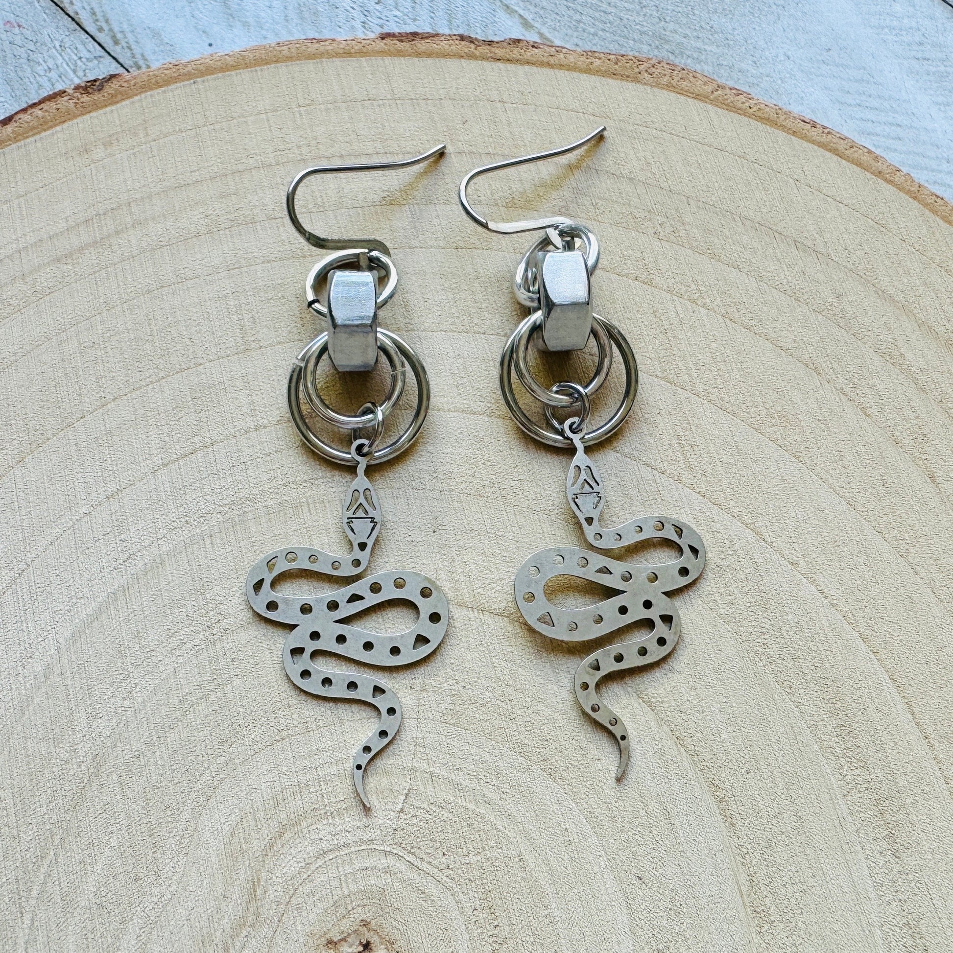 Snake Earrings, Goth Earrings, Silver Earrings, Punk Earrings, Witchy Earrings, Industrial Earrings, Best Friend Birthday Gift, Snake Gift