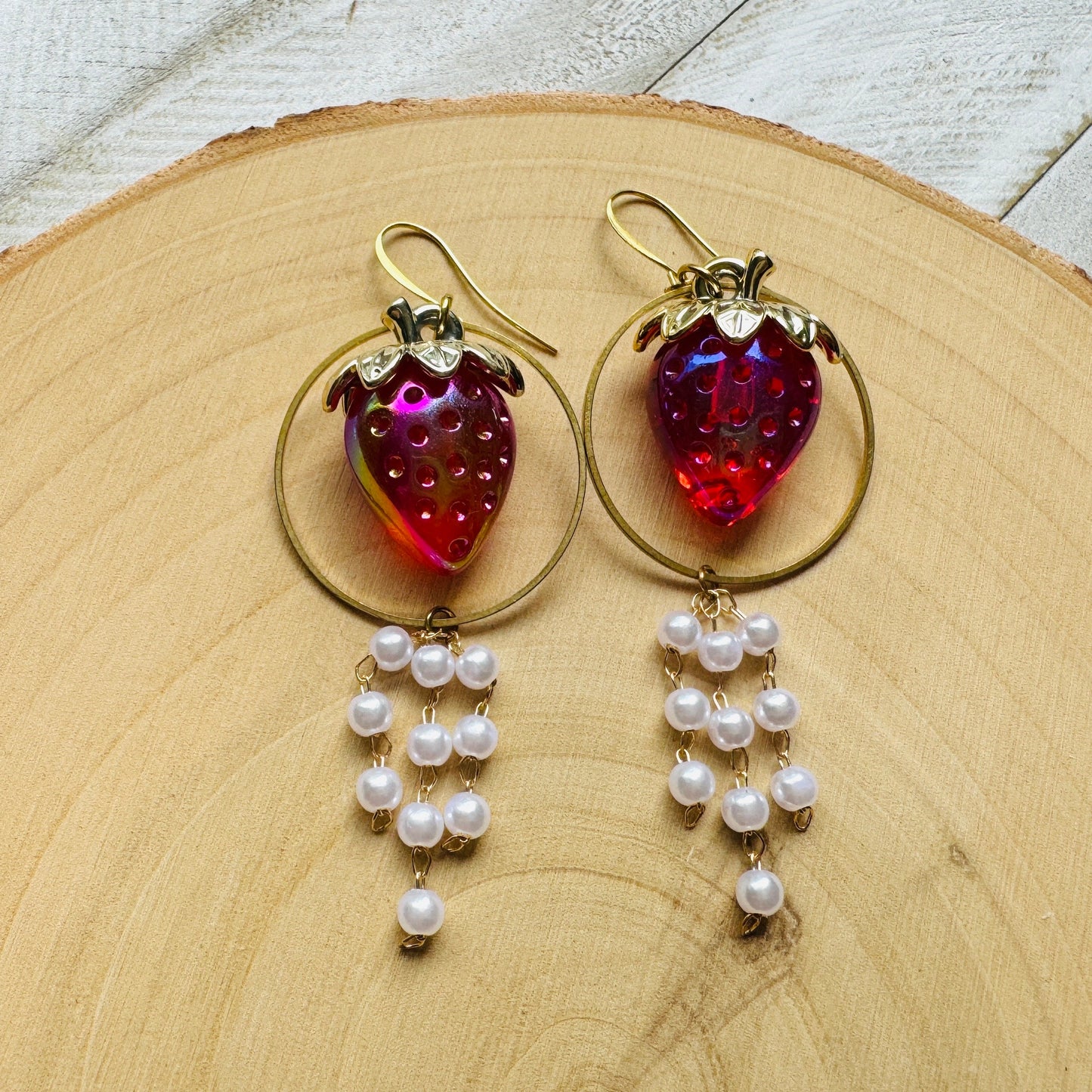 Strawberry Earrings Dangle, Pearl Earrings, Cottagecore Earrings, Witchy Gifts, Kawaii Earrings, Whimsical Earrings, Nerdy Gifts for Women