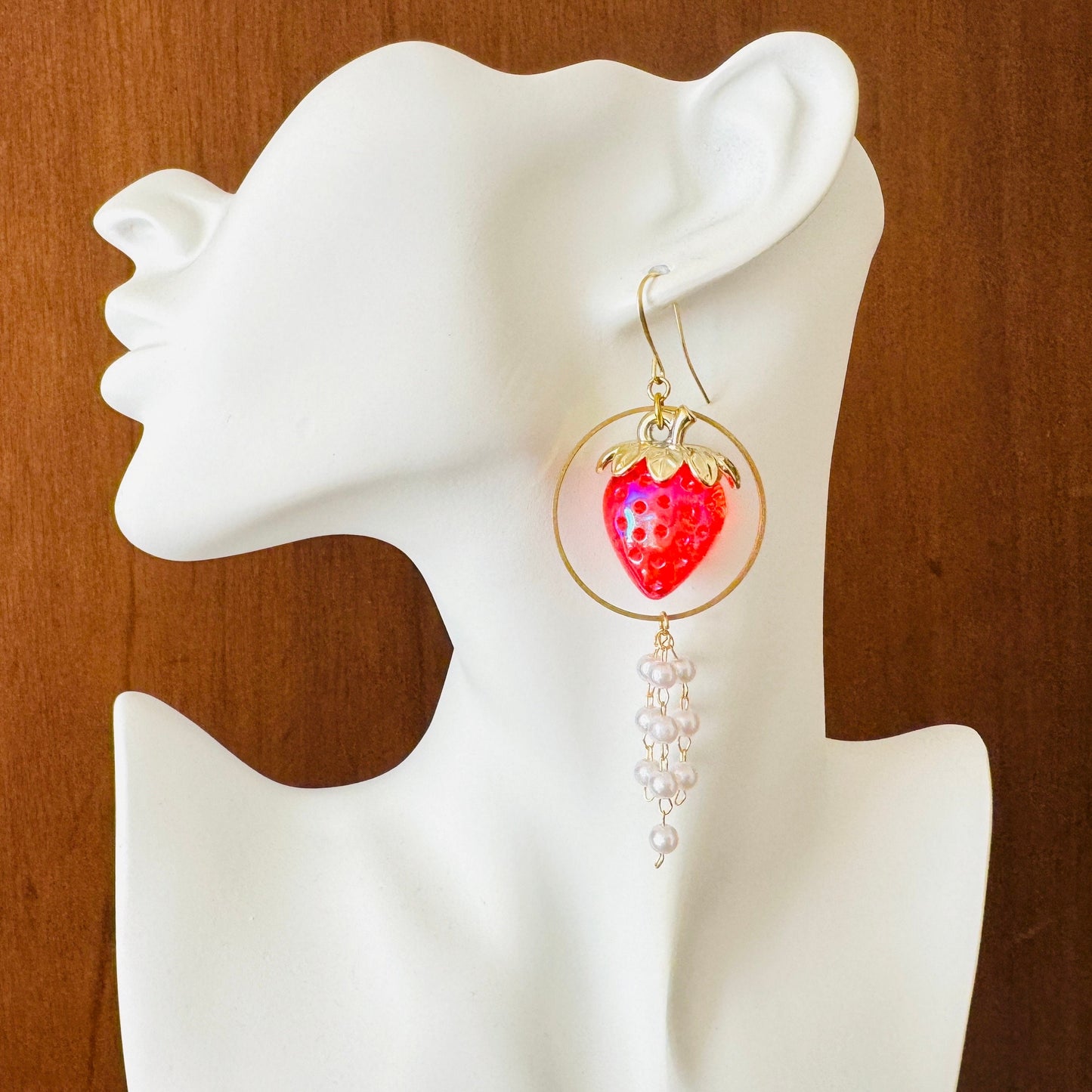 Strawberry Earrings Dangle, Pearl Earrings, Cottagecore Earrings, Witchy Gifts, Kawaii Earrings, Whimsical Earrings, Nerdy Gifts for Women