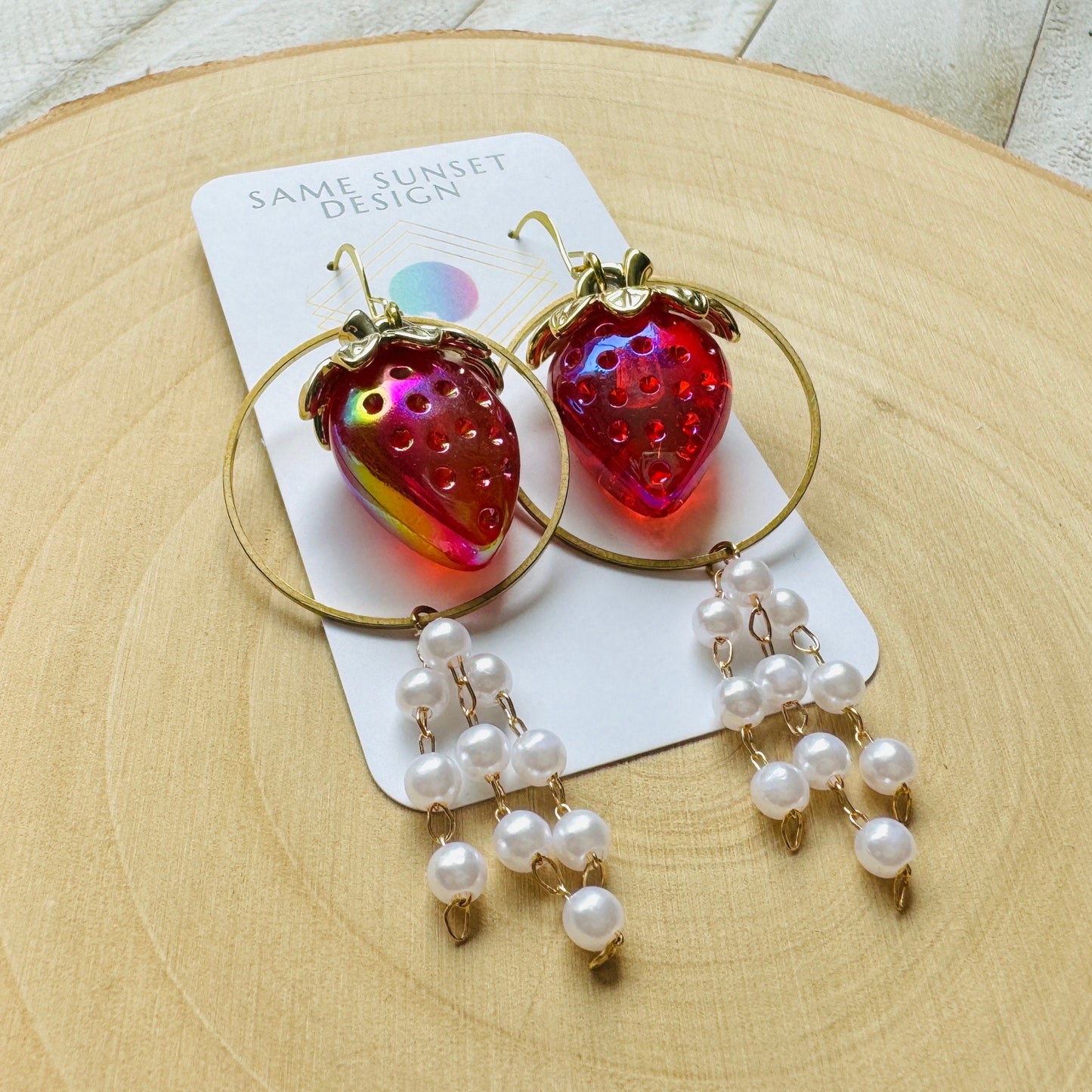 Strawberry Earrings Dangle, Pearl Earrings, Cottagecore Earrings, Witchy Gifts, Kawaii Earrings, Whimsical Earrings, Nerdy Gifts for Women