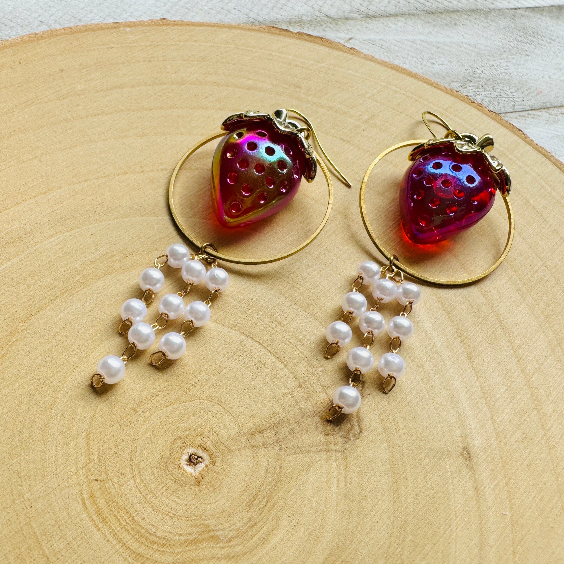 Strawberry Earrings Dangle, Pearl Earrings, Cottagecore Earrings, Witchy Gifts, Kawaii Earrings, Whimsical Earrings, Nerdy Gifts for Women