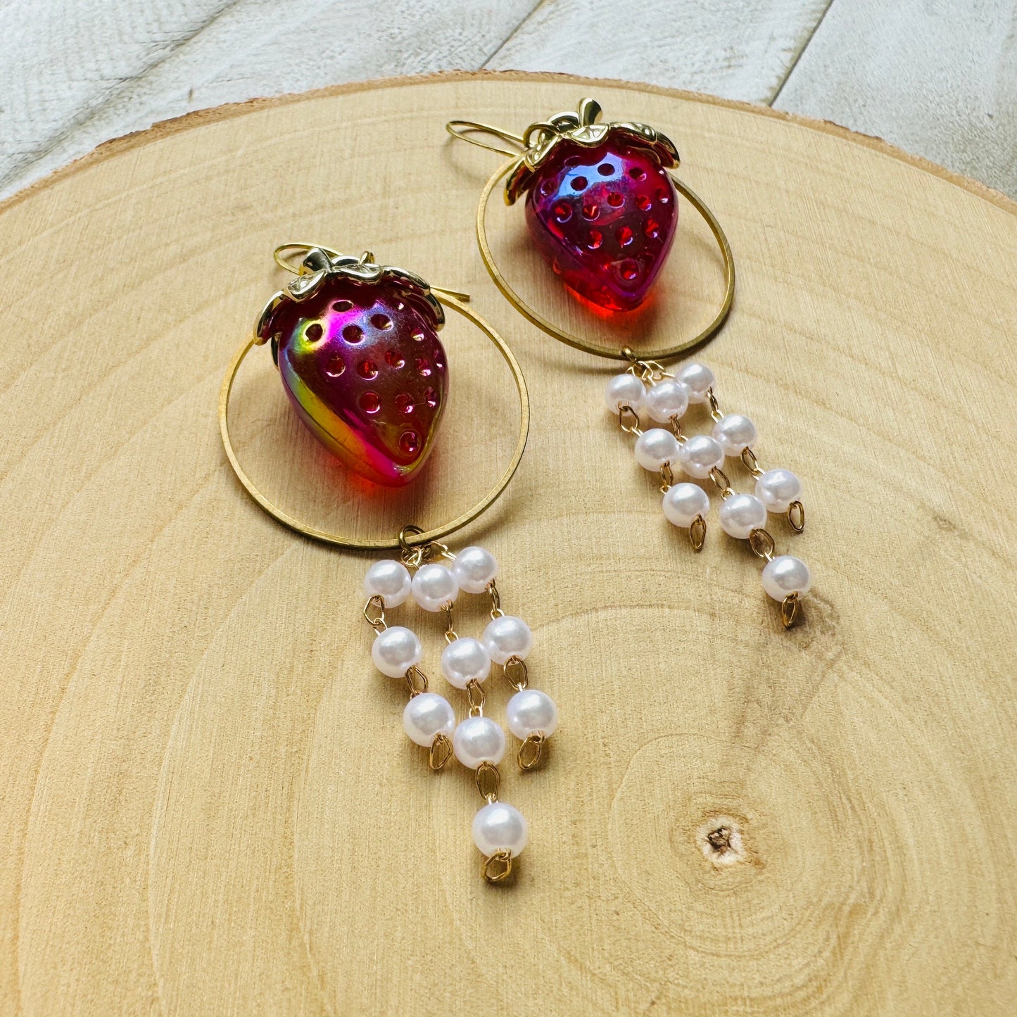 Strawberry Earrings Dangle, Pearl Earrings, Cottagecore Earrings, Witchy Gifts, Kawaii Earrings, Whimsical Earrings, Nerdy Gifts for Women