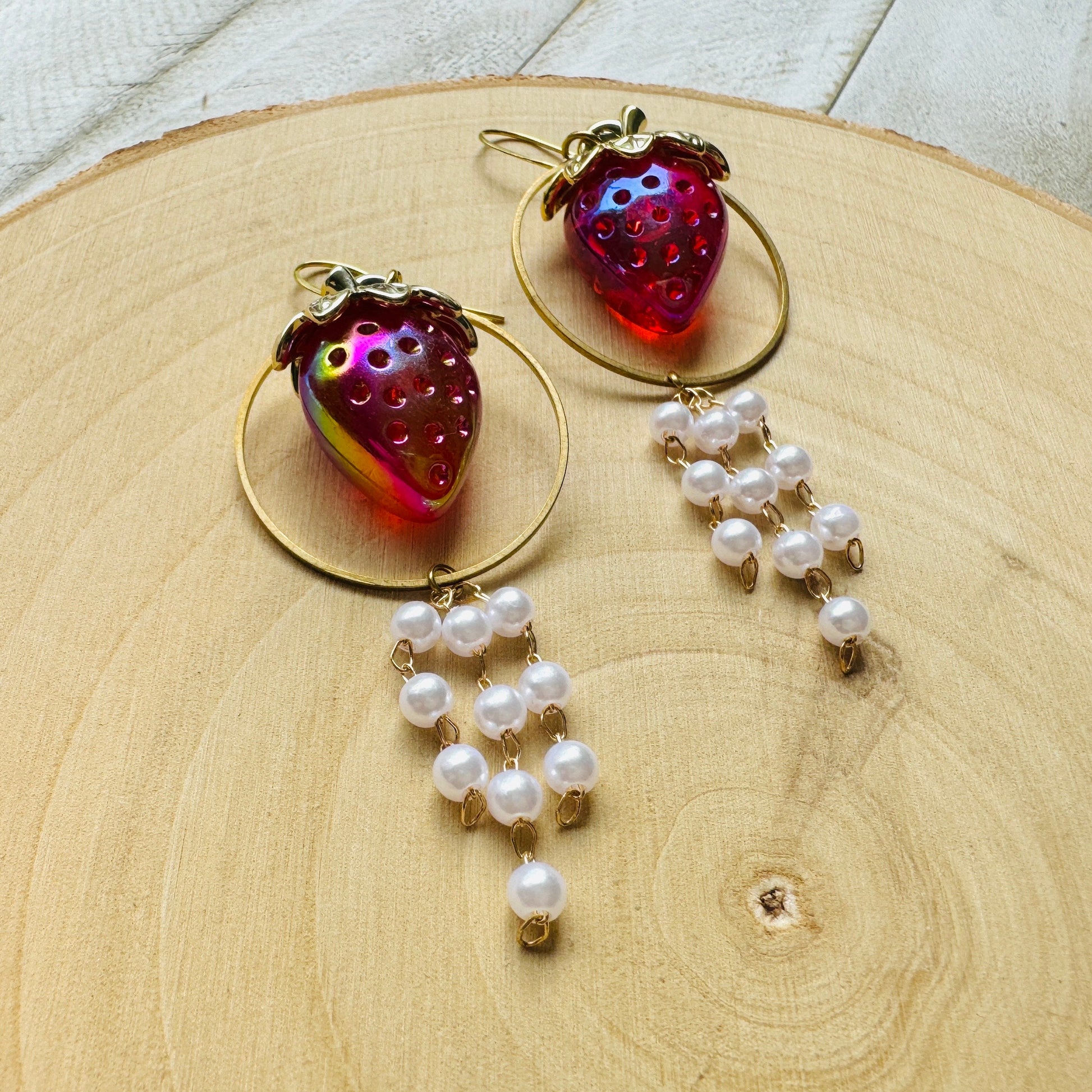 Strawberry Earrings Dangle, Pearl Earrings, Cottagecore Earrings, Witchy Gifts, Kawaii Earrings, Whimsical Earrings, Nerdy Gifts for Women