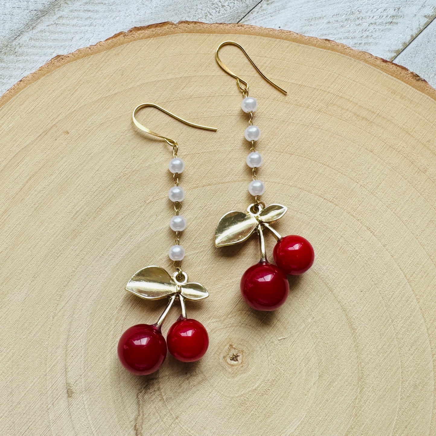 Cherry Earrings Dangle, Pearl Earrings, Cottagecore Earrings, Witchy Gifts, Kawaii Earrings, Whimsical Earrings, Plant Gifts for Her