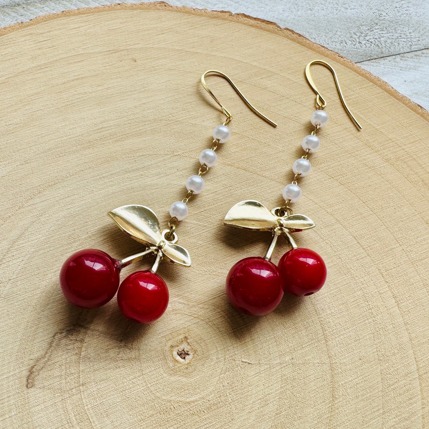 Cherry Earrings Dangle, Pearl Earrings, Cottagecore Earrings, Witchy Gifts, Kawaii Earrings, Whimsical Earrings, Plant Gifts for Her