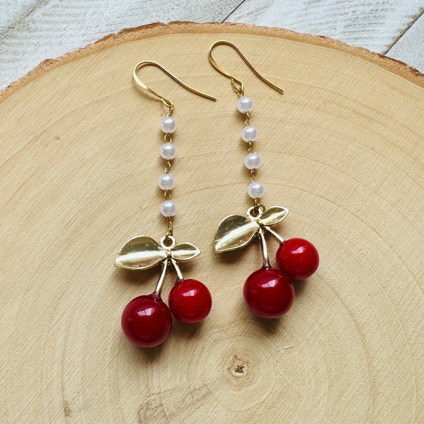Cherry Earrings Dangle, Pearl Earrings, Cottagecore Earrings, Witchy Gifts, Kawaii Earrings, Whimsical Earrings, Plant Gifts for Her