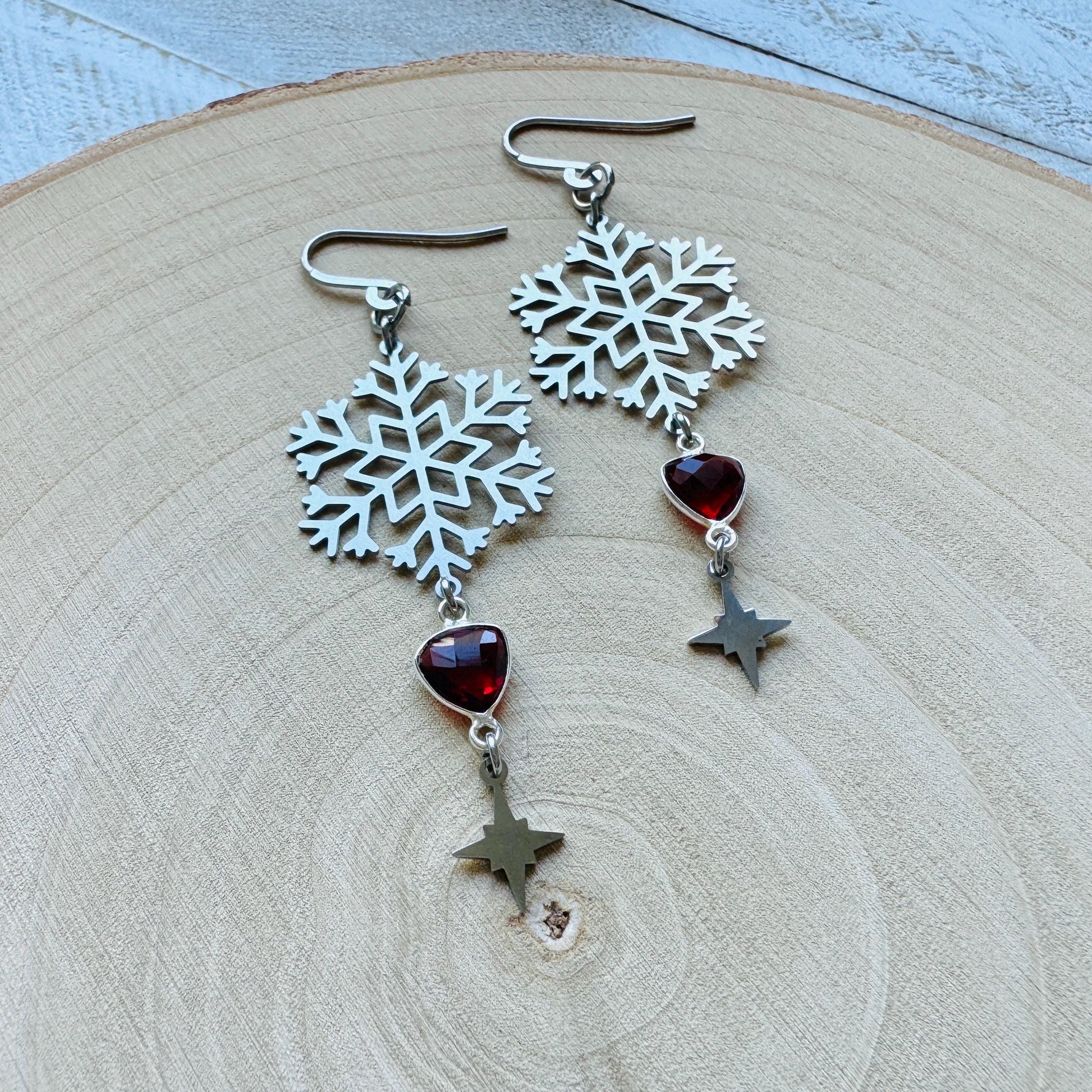 Snowflake Earrings, Garnet Earrings, Boho Earrings, Nature Lover Gift, Best Friend Birthday Gift, Sweet 16 Gift, Stocking Stuffers for Mom