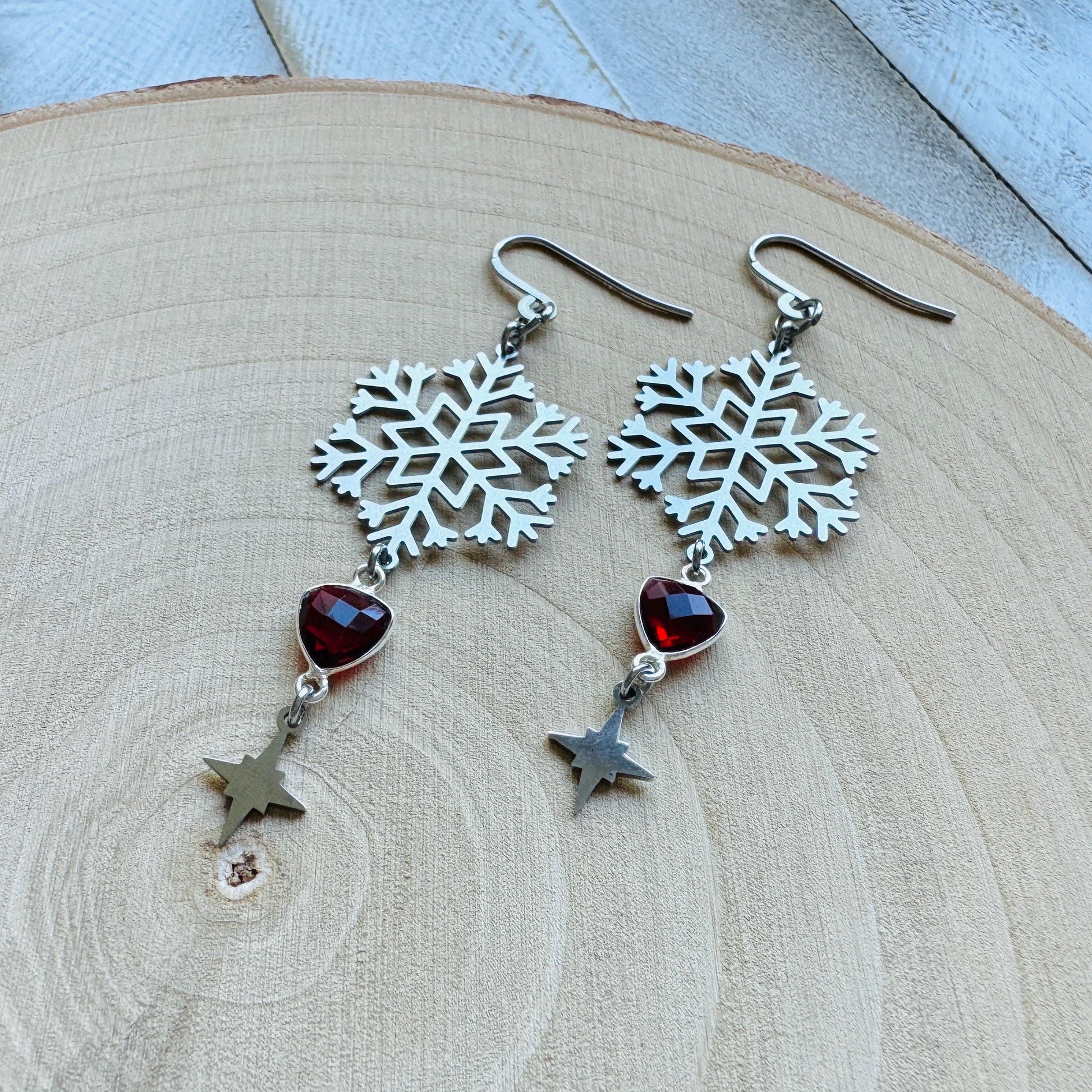 Snowflake Earrings, Garnet Earrings, Boho Earrings, Nature Lover Gift, Best Friend Birthday Gift, Sweet 16 Gift, Stocking Stuffers for Mom
